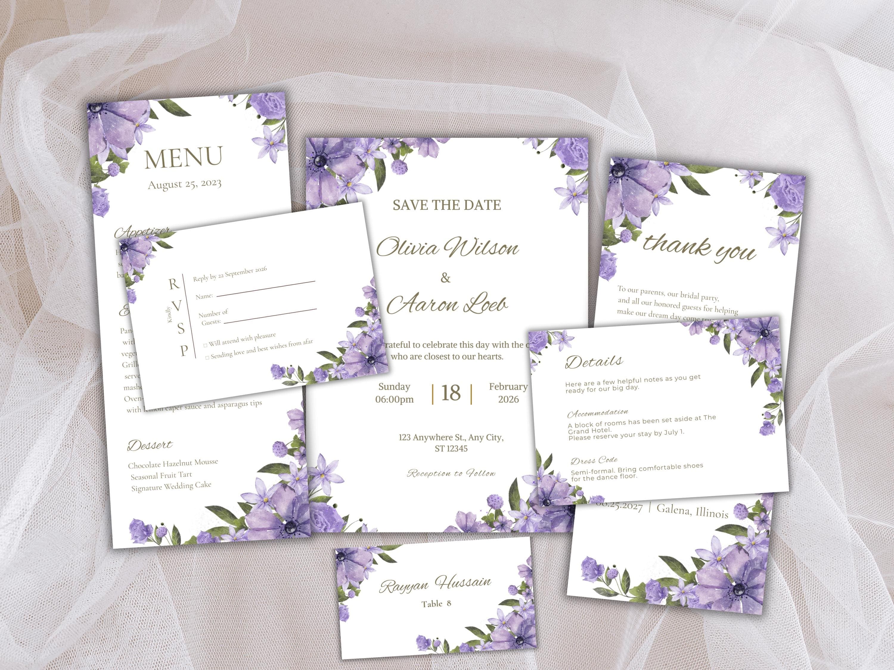 Wedding Invitation Bundle, RSVP, Thank You Card, Table Card, Menu Card, Reception Card, Details Card. WI246