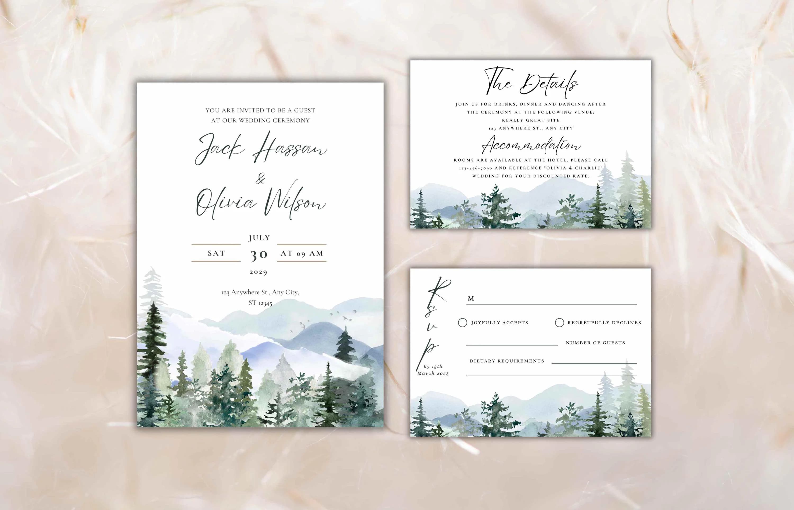 Mountain Wedding Invitation Template, Pine Tree Suite (Printable RSVP)