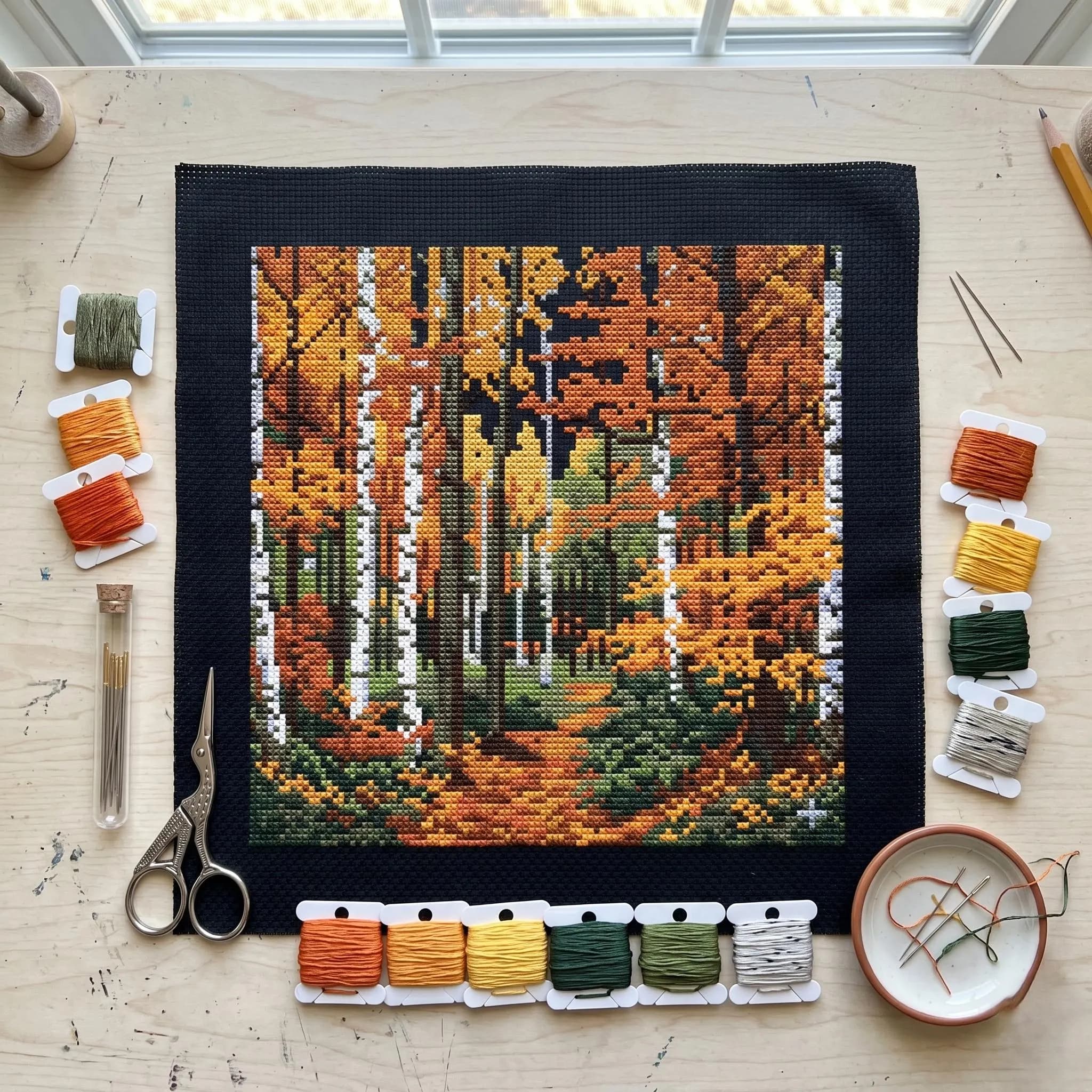 Autumn Forest Cross Stitch Pattern PDF, Birch Tree Fall Landscape, Cozy Nature Embroidery Design