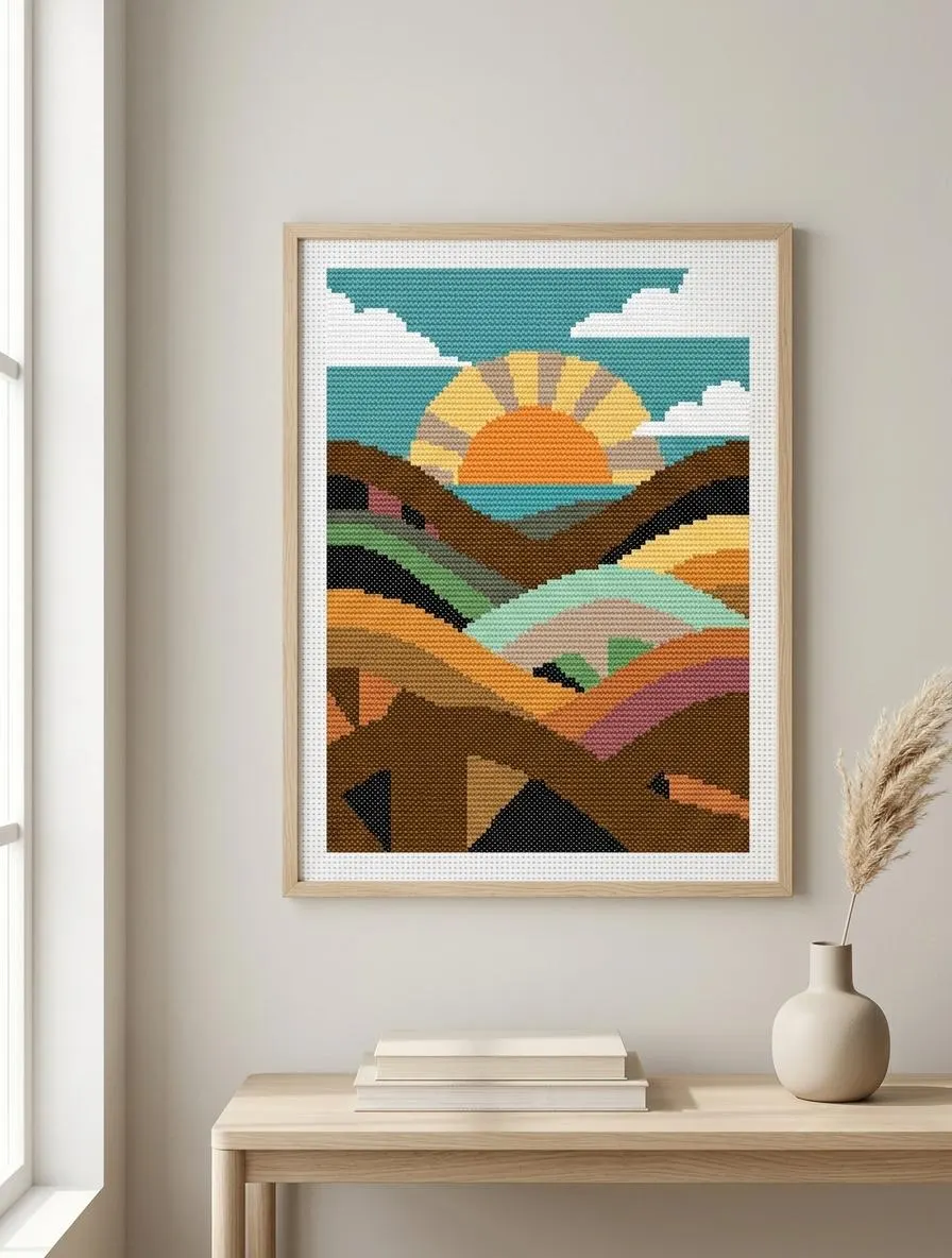 Abstract Sunset Landscape Cross Stitch Pattern, Mountain Lake Embroidery (Digital PDF)