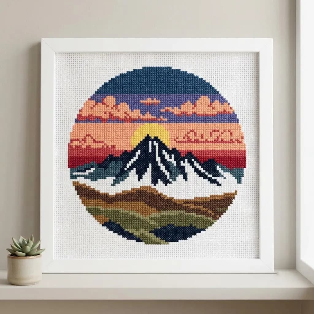 Sunset Mountain Cross Stitch Pattern, Scenic Landscape Embroidery, Nature Stitching Design, Instant PDF