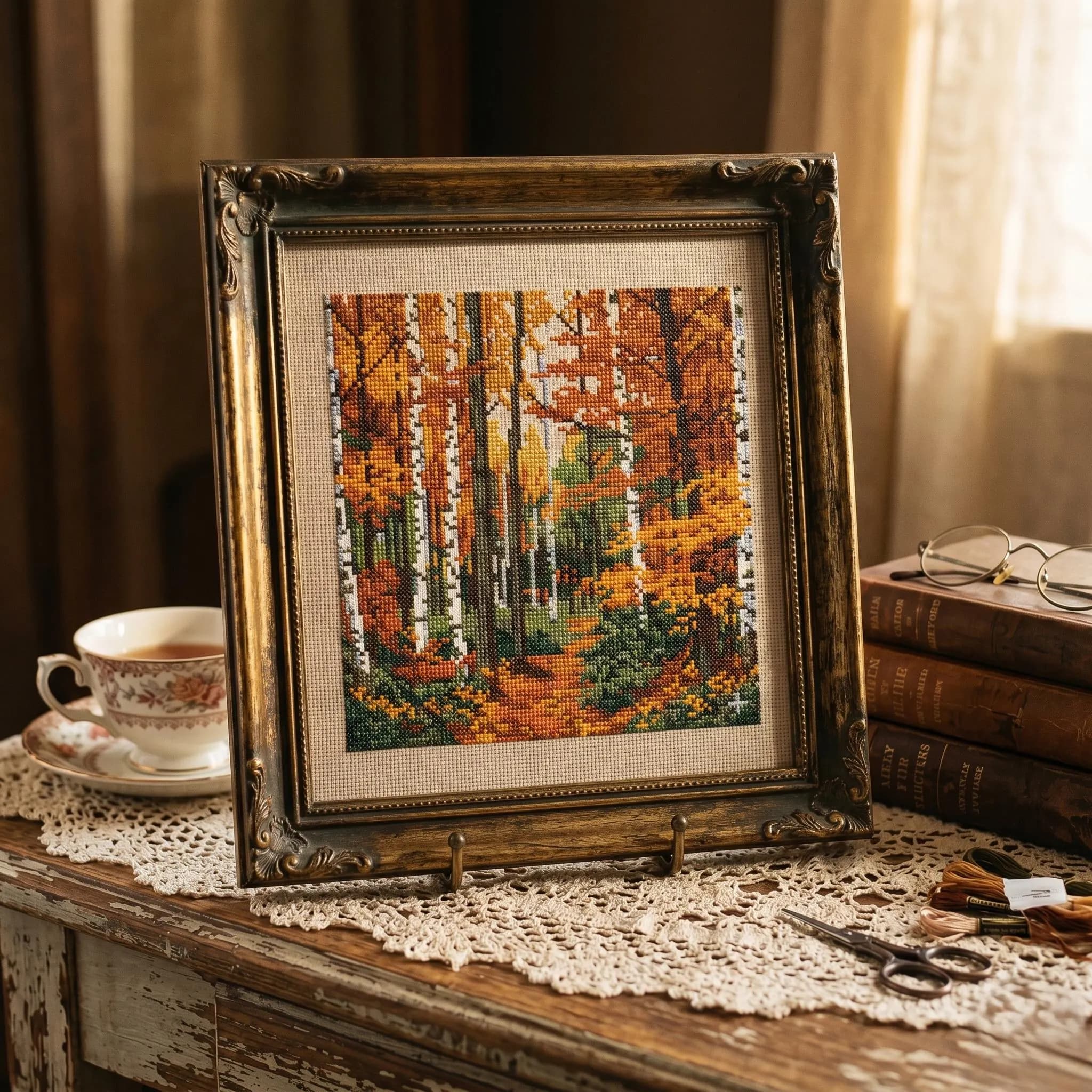 Autumn Forest Cross Stitch Pattern PDF, Birch Tree Fall Landscape, Cozy Nature Embroidery Design - image 5