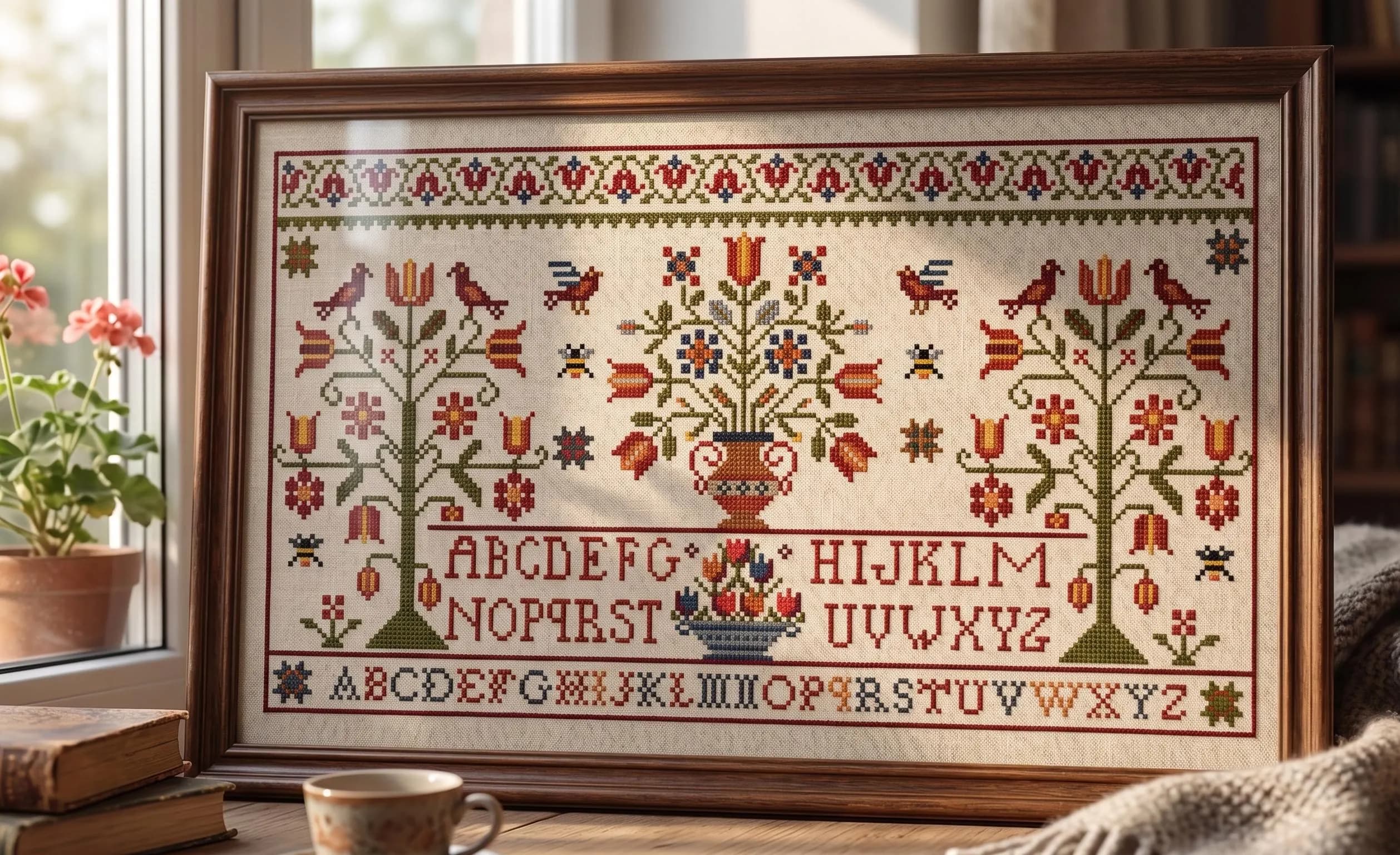 Alphabet Cross Stitch Sampler Pattern PDF, Folk Art Birds Floral Tree Design