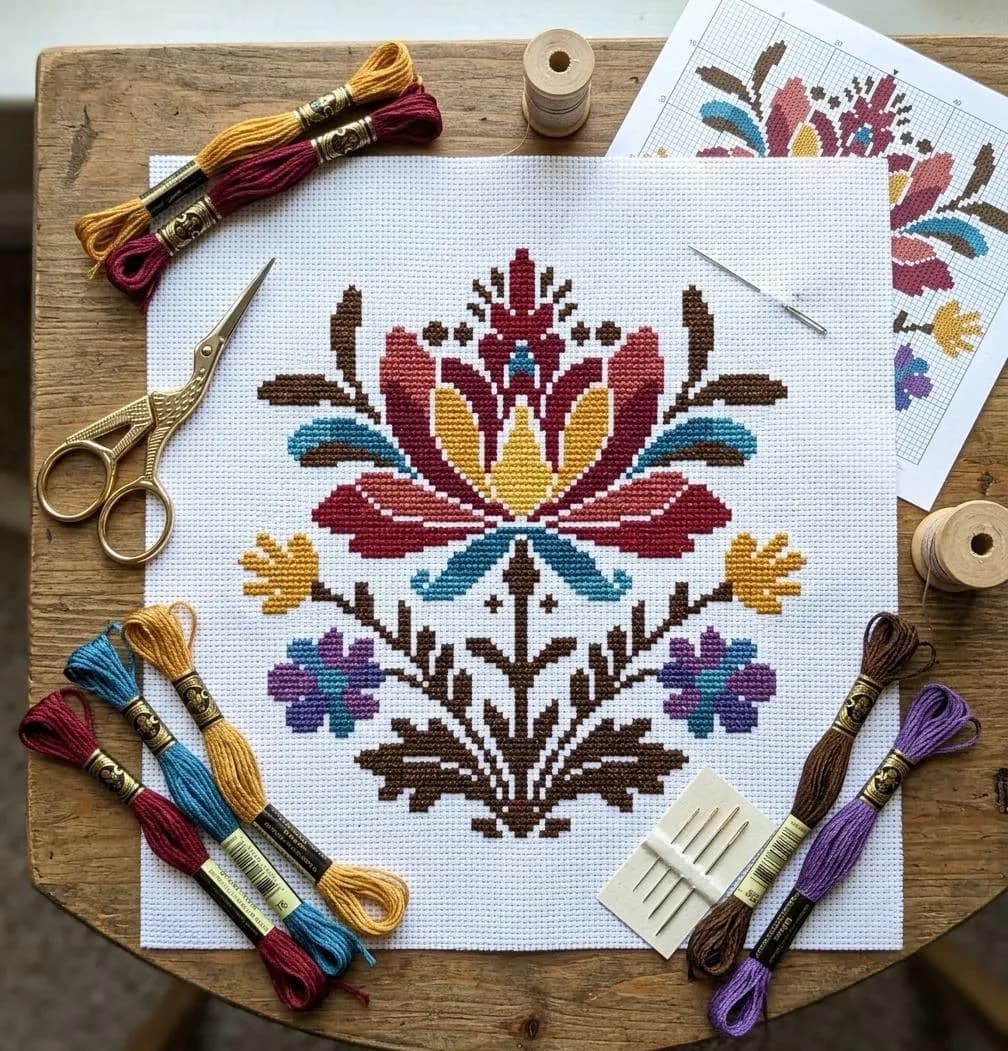 Botanical Cross Stitch Pattern, Folk Art Flower Bouquet, Vintage Embroidery Design, Instant PDF Download - image 5