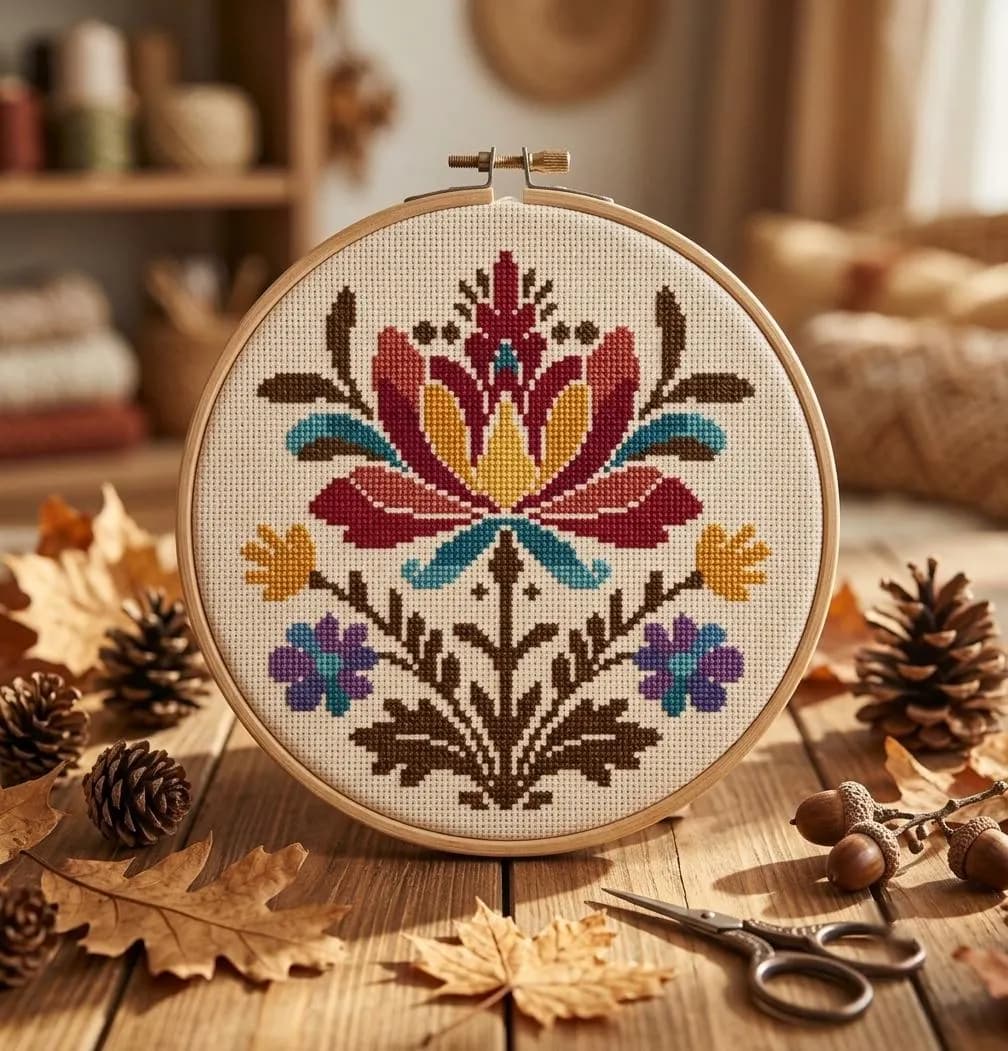 Botanical Cross Stitch Pattern, Folk Art Flower Bouquet, Vintage Embroidery Design, Instant PDF Download