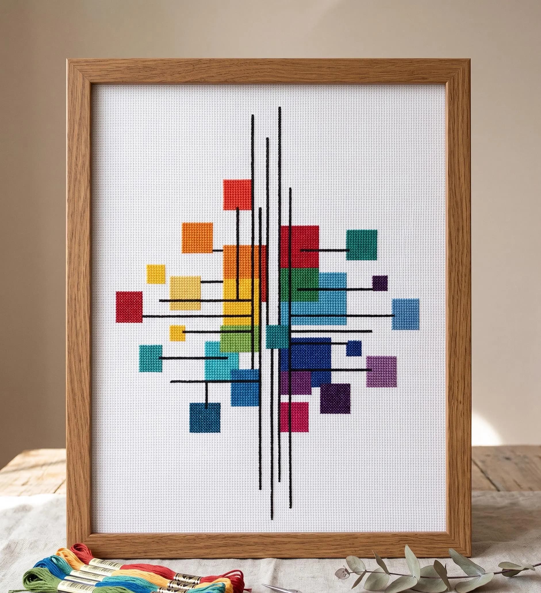 Geometric Cross Stitch Pattern, Abstract Bauhaus Embroidery Chart, Minimalist Line Art (PDF Download)