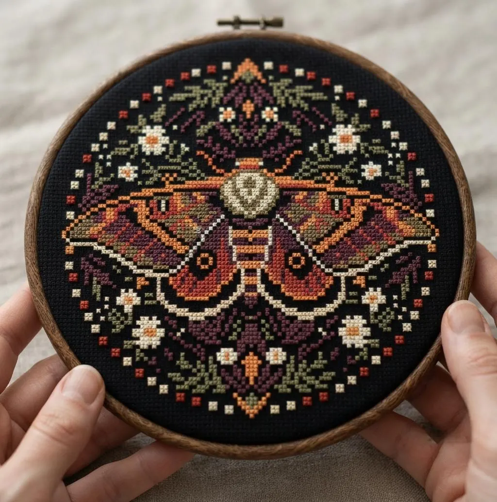 Moth Cross Stitch Pattern, Vintage Folk Art Insect Embroidery Chart (PDF Download)