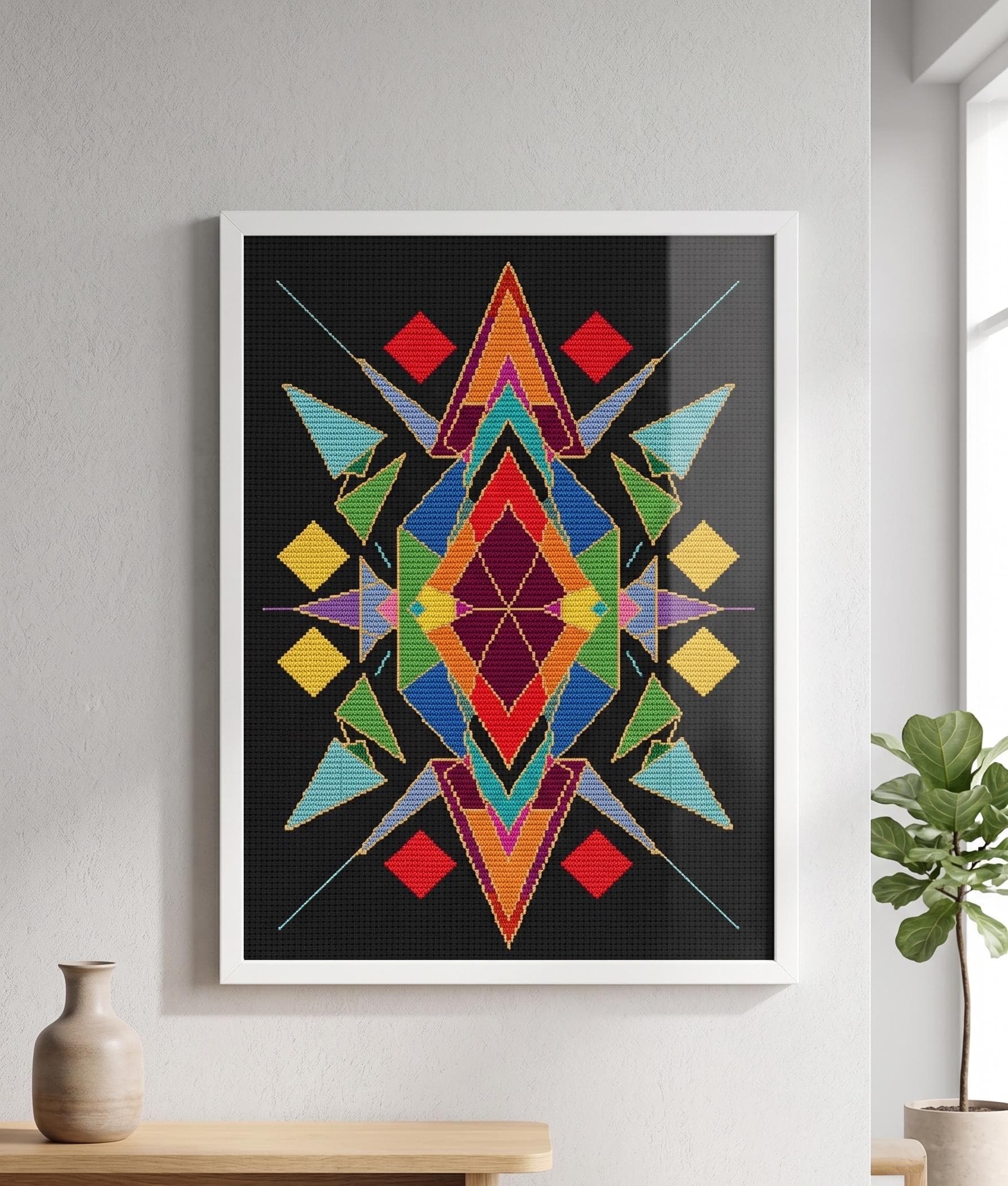 Abstract Starburst Cross Stitch Pattern PDF, Colorful Geometric Embroidery Design, Modern Kaleidoscope Needlepoint Art