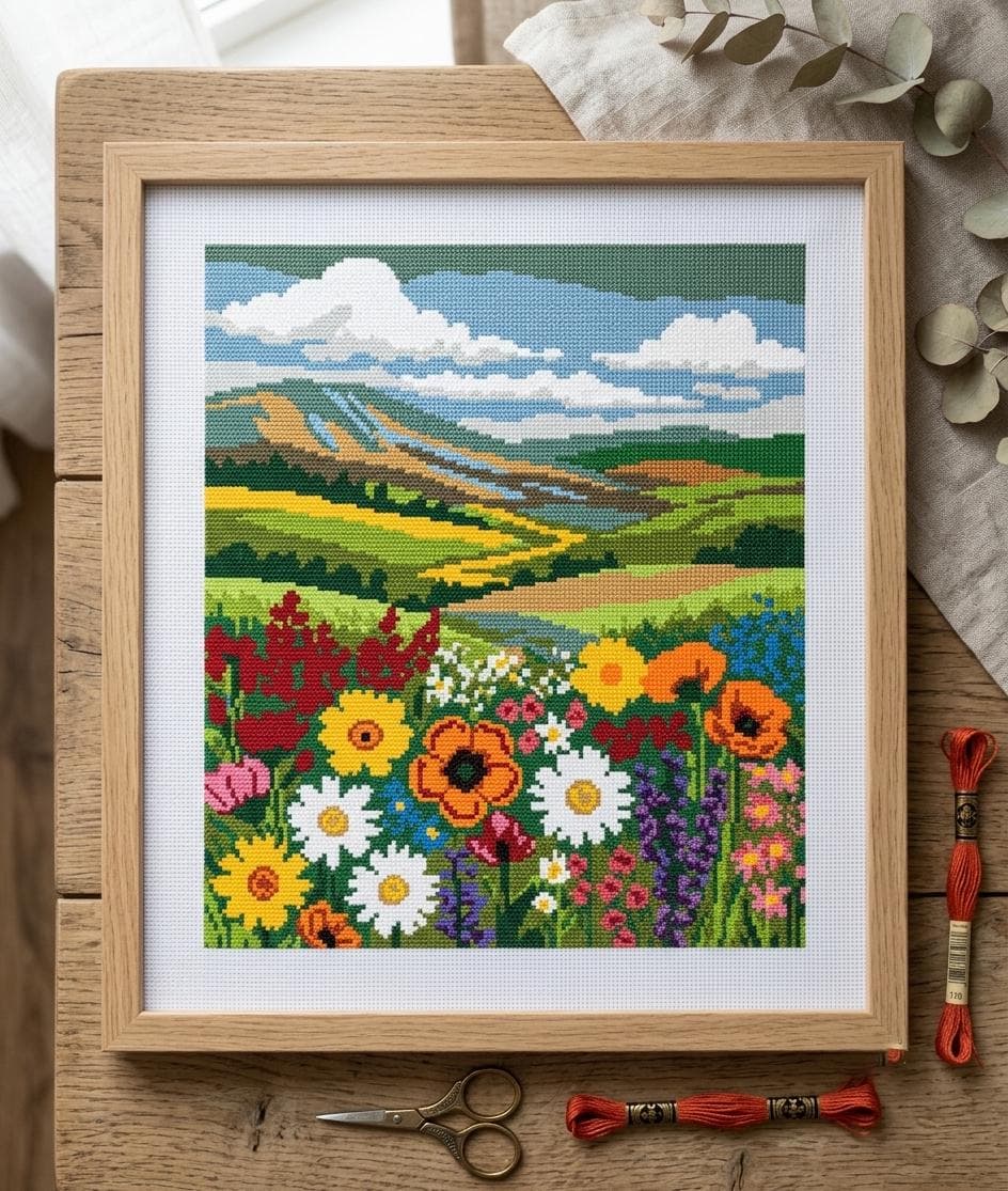 Wildflower Meadow Cross Stitch Pattern PDF, Mountain Landscape Scene, Colorful Nature Embroidery Design