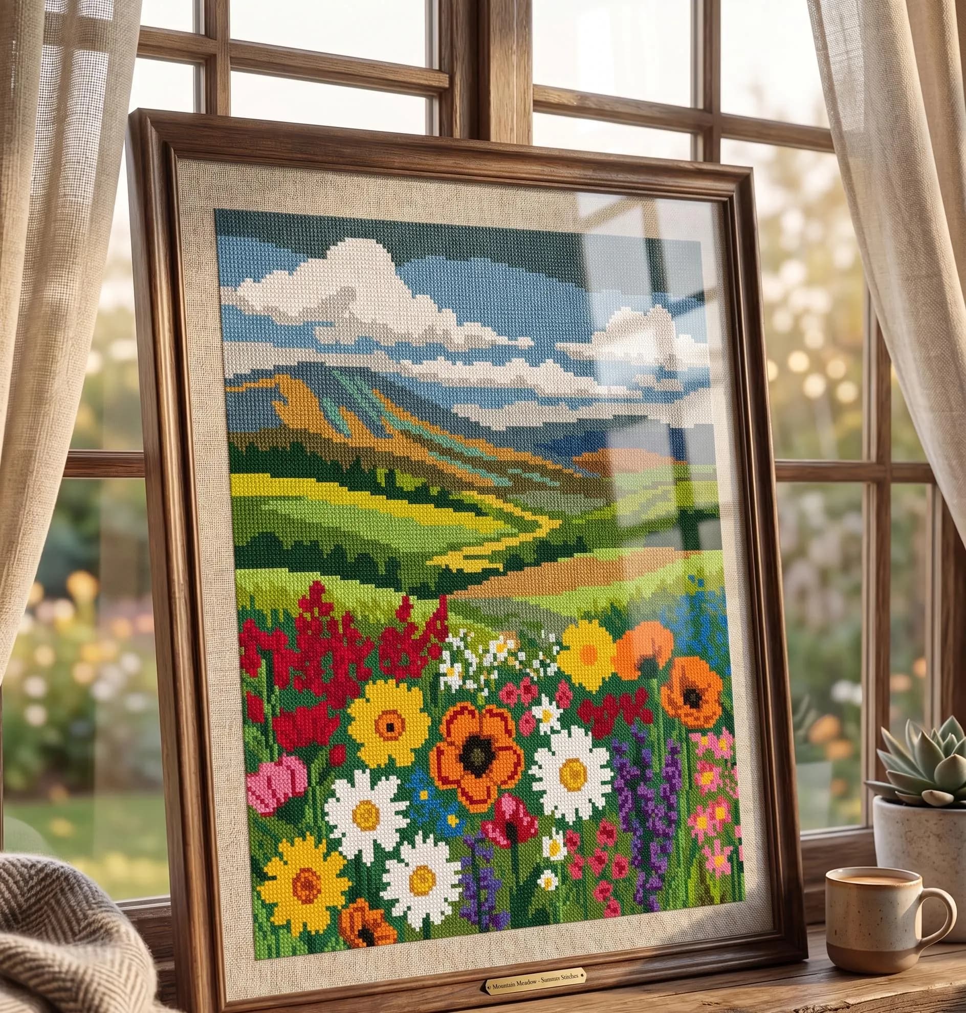 Wildflower Meadow Cross Stitch Pattern PDF, Mountain Landscape Scene, Colorful Nature Embroidery Design - image 3