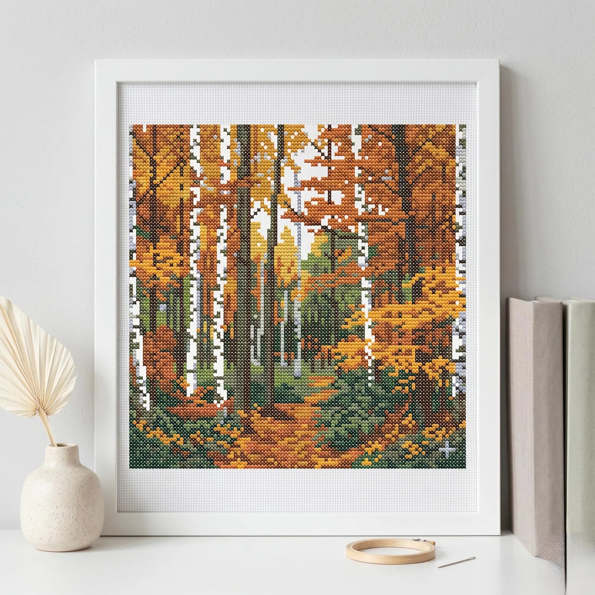 Autumn Forest Cross Stitch Pattern PDF, Birch Tree Fall Landscape, Cozy Nature Embroidery Design - image 4