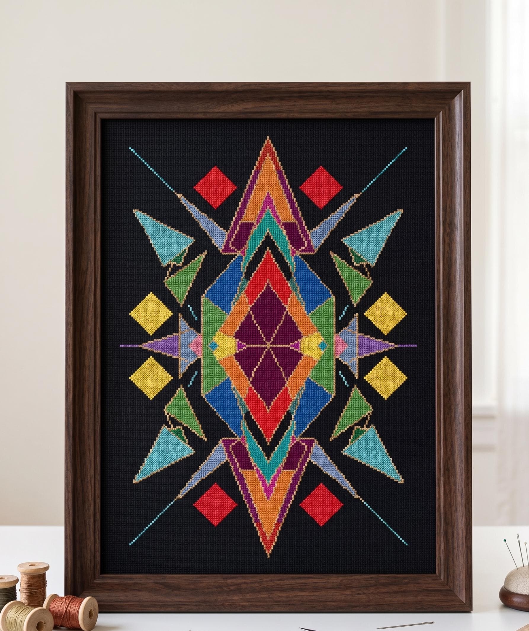 Abstract Starburst Cross Stitch Pattern PDF, Colorful Geometric Embroidery Design, Modern Kaleidoscope Needlepoint Art - image 4