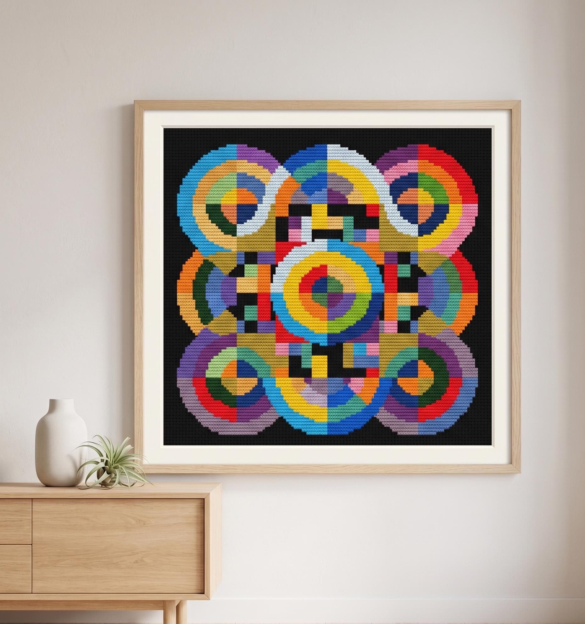 Abstract Cross Stitch Pattern, Colorful Retro Mosaic Embroidery Design (PDF Download)