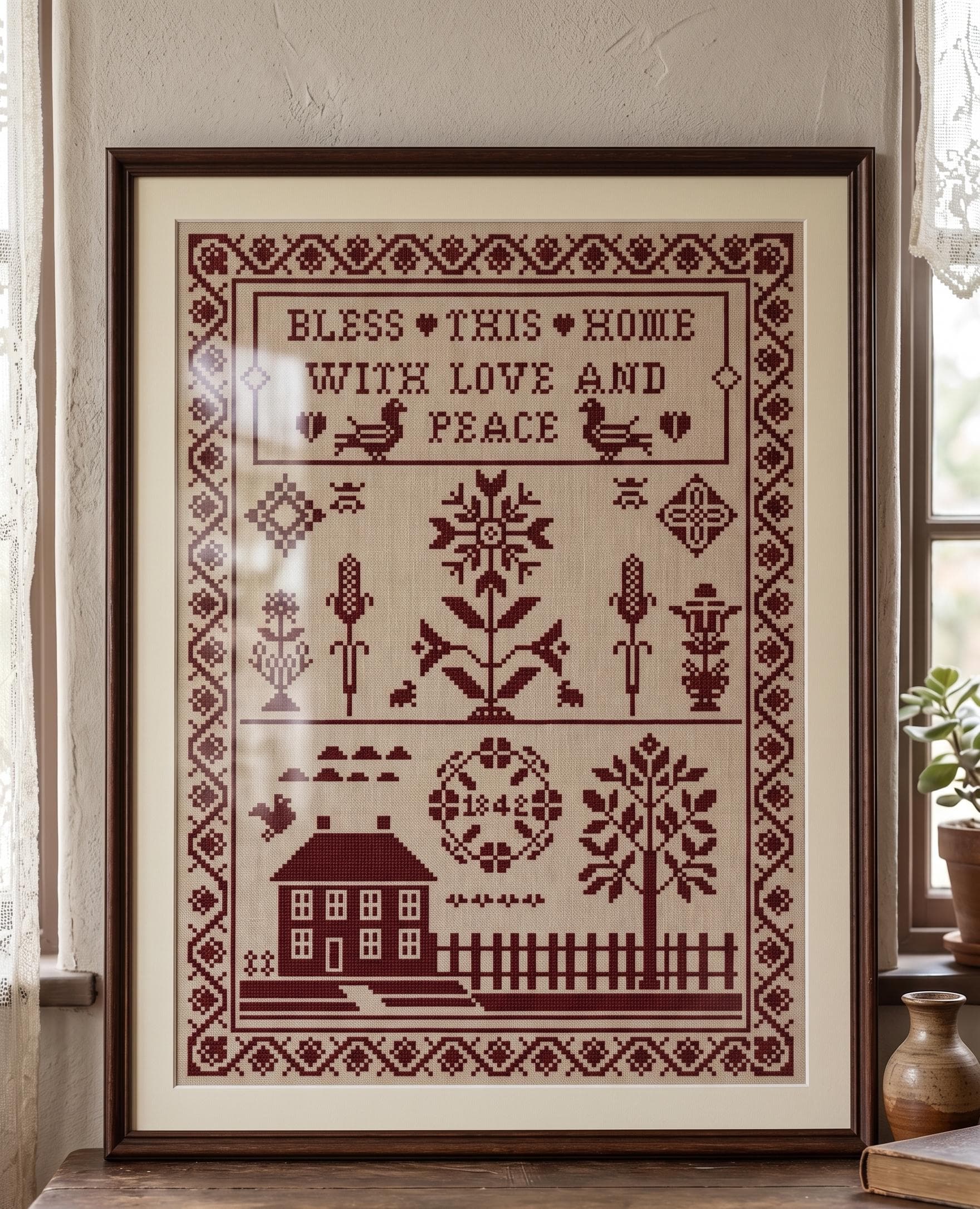 Bless This Home Cross Stitch Pattern,Vintage Primitive Sampler 1842, Farmhouse Folk Art PDF - image 4