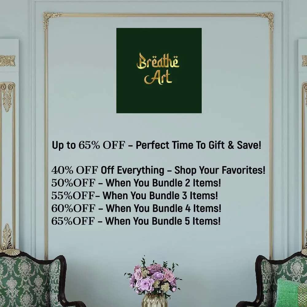 a green wall with a large advertisement for a store called "Breathe Art" offering various discounts and promotions.