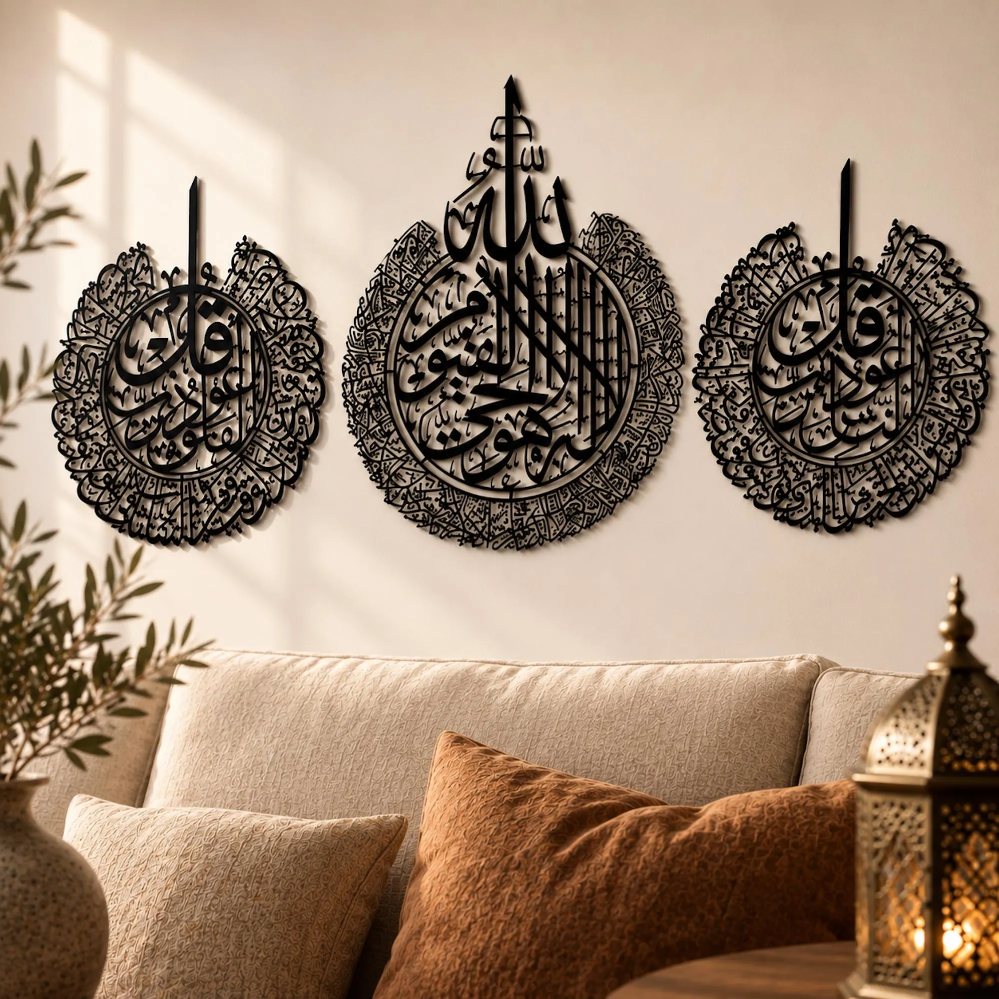 Islamic Metal Wall Decor Set of 3, Ayatul Kursi, Al Falaq and Al Nas, Large Quran Calligraphy Art, Muslim Gift, Eid Gift for New Home