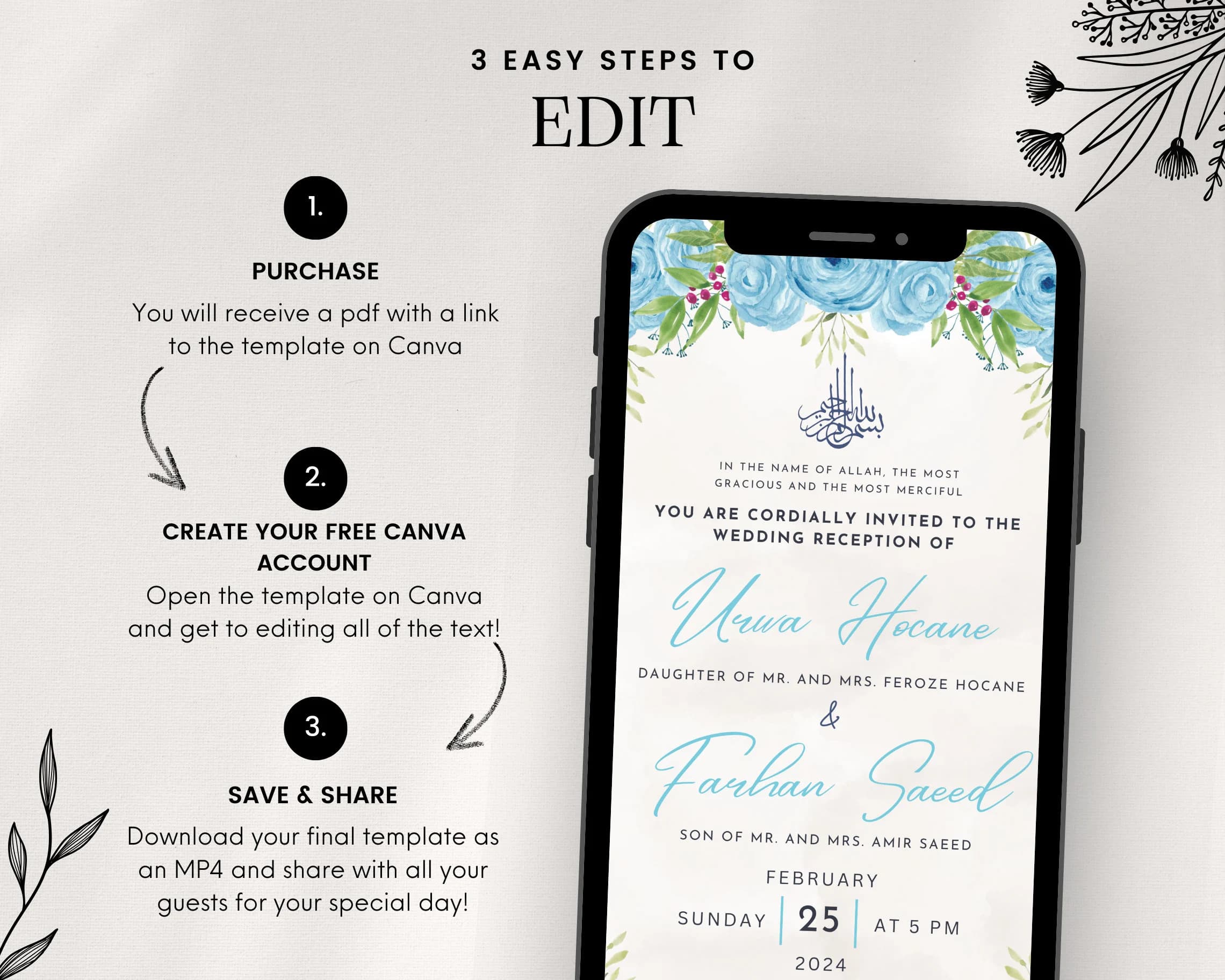 Blue Floral Muslim Wedding Invitation, Animated Nikkah Card (Digital Download) - image 2