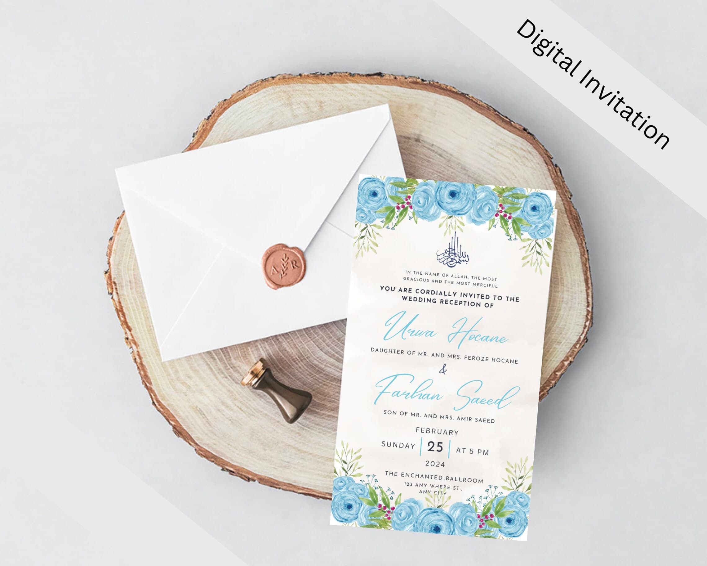 Blue Floral Muslim Wedding Invitation, Animated Nikkah Card (Digital Download) - image 5