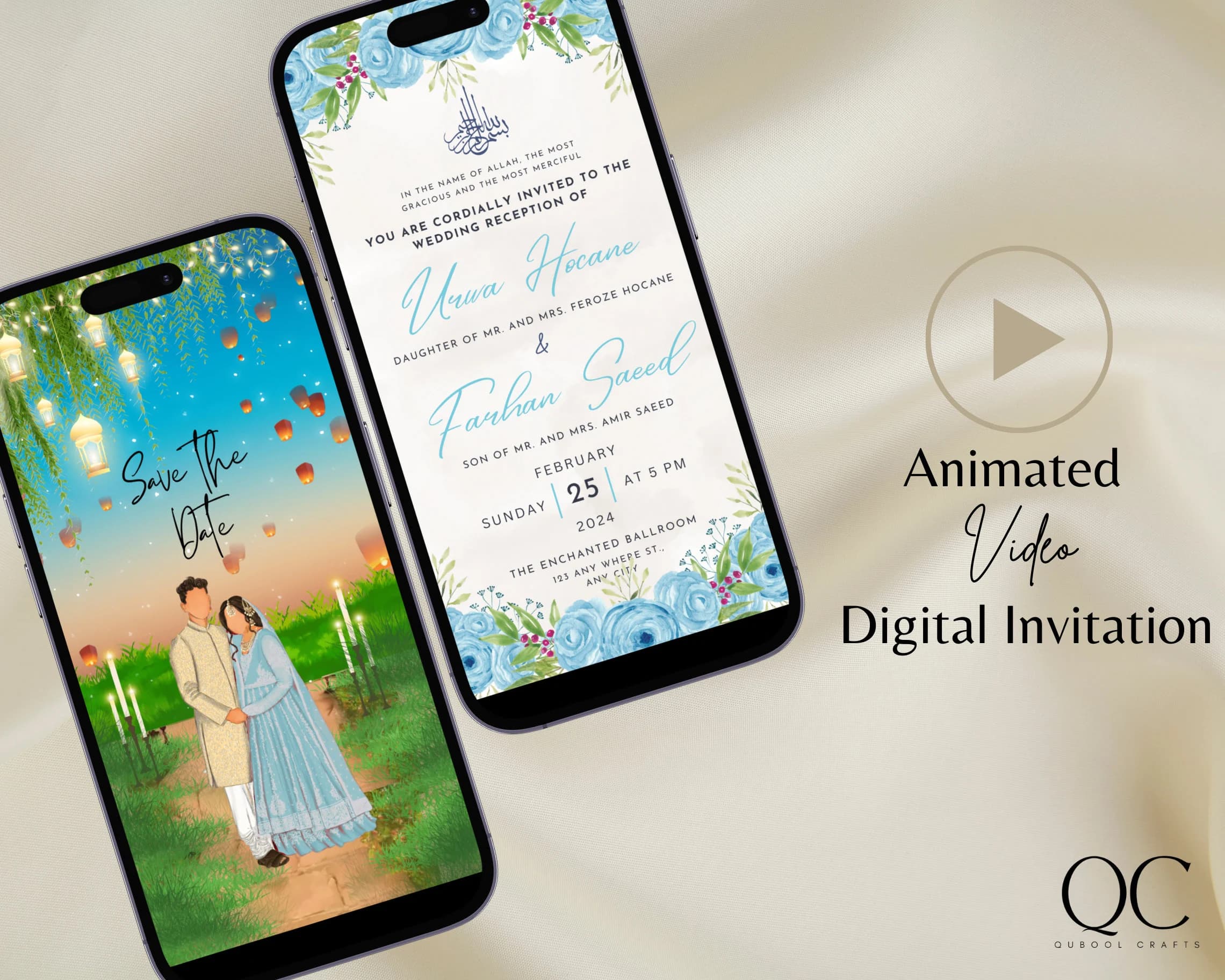 Blue Floral Muslim Wedding Invitation, Animated Nikkah Card (Digital Download)