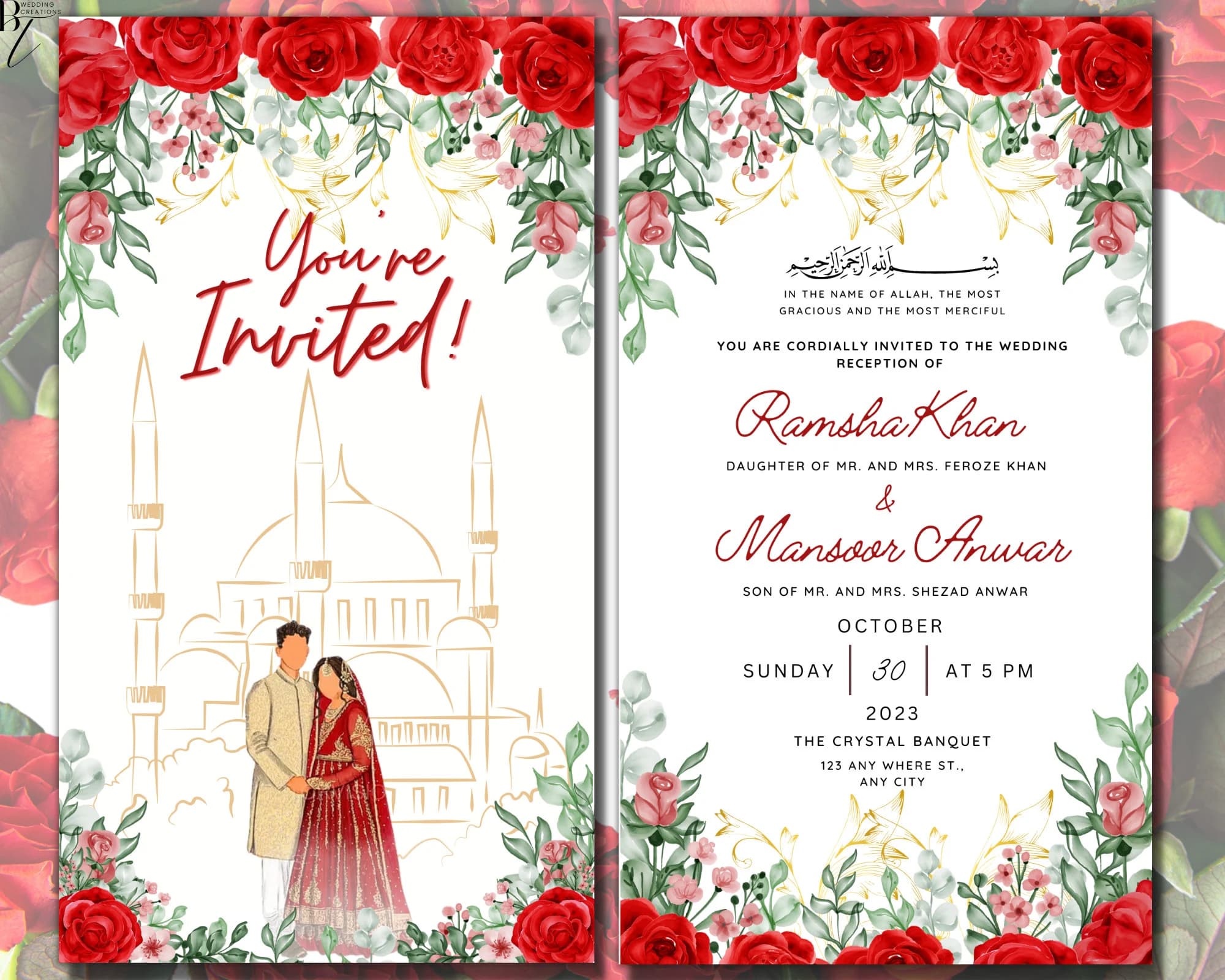 Floral Red Masjid Wedding Invitation Template (Digital Download)