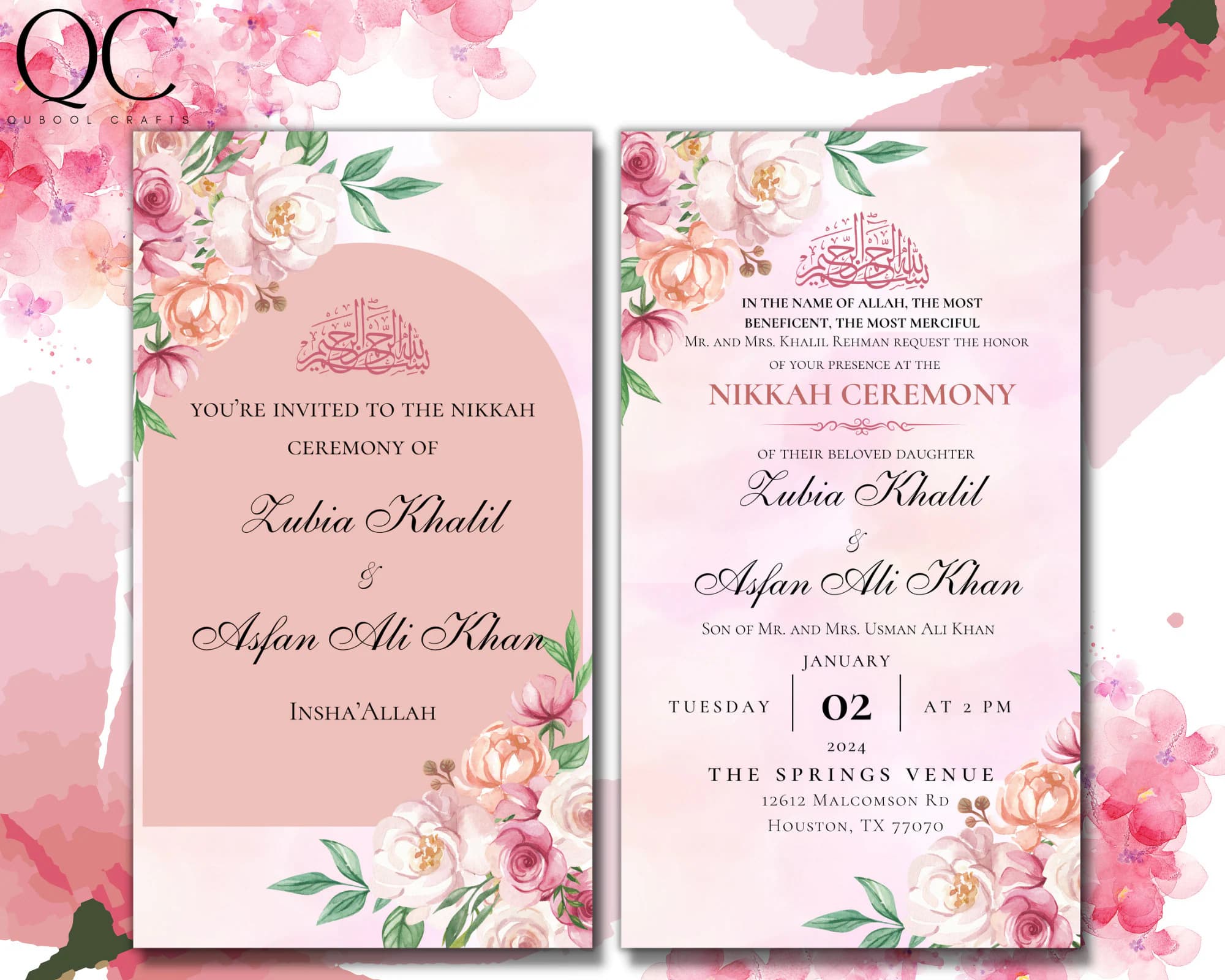 Pink Floral Nikkah Invitation, Animated Muslim Wedding (Digital Download)