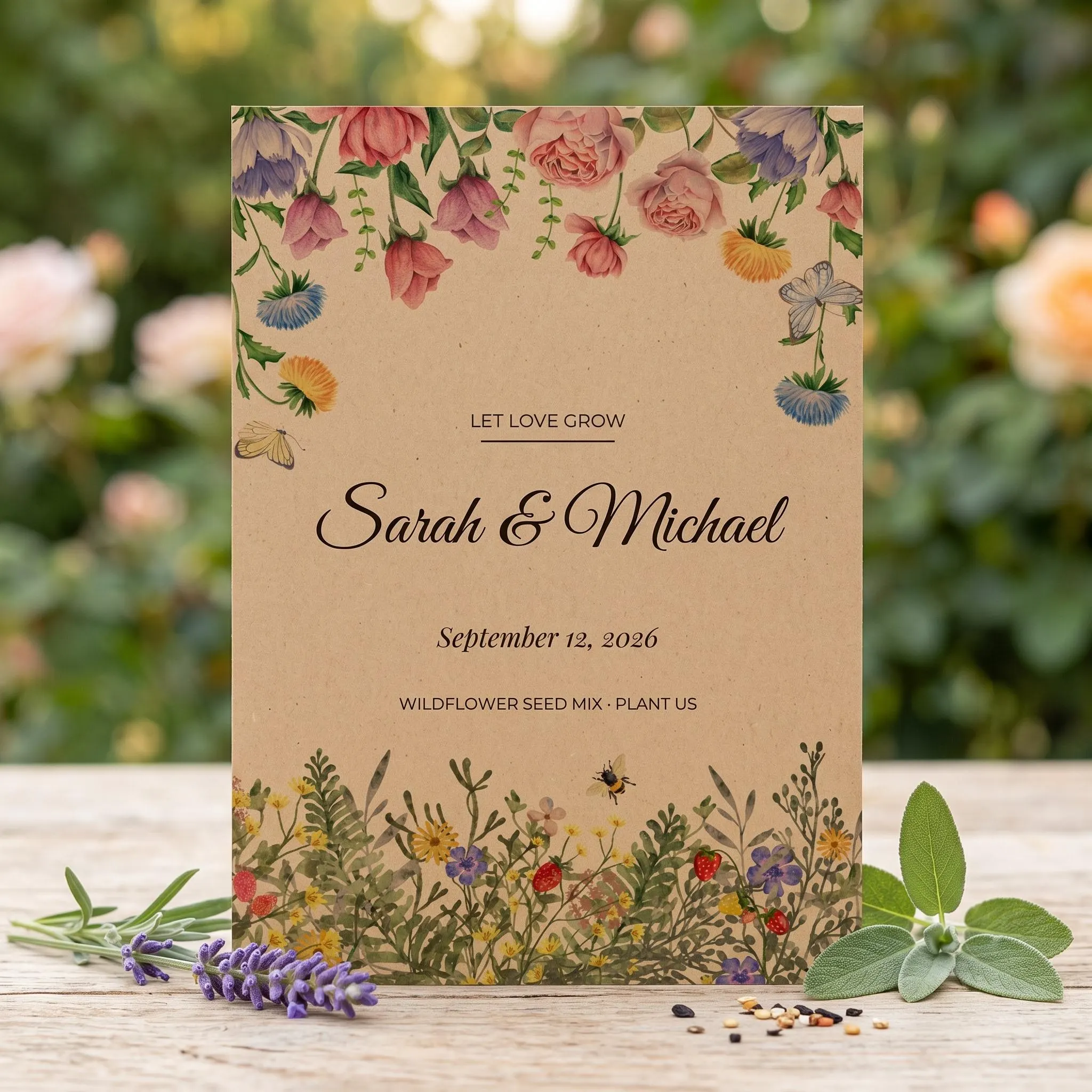 Eco Friendly Wedding Favors in Bulk, Let Love Grow Wildflower Seed Packets, Personalized Rose Garden Seed Packet, Seeds Included