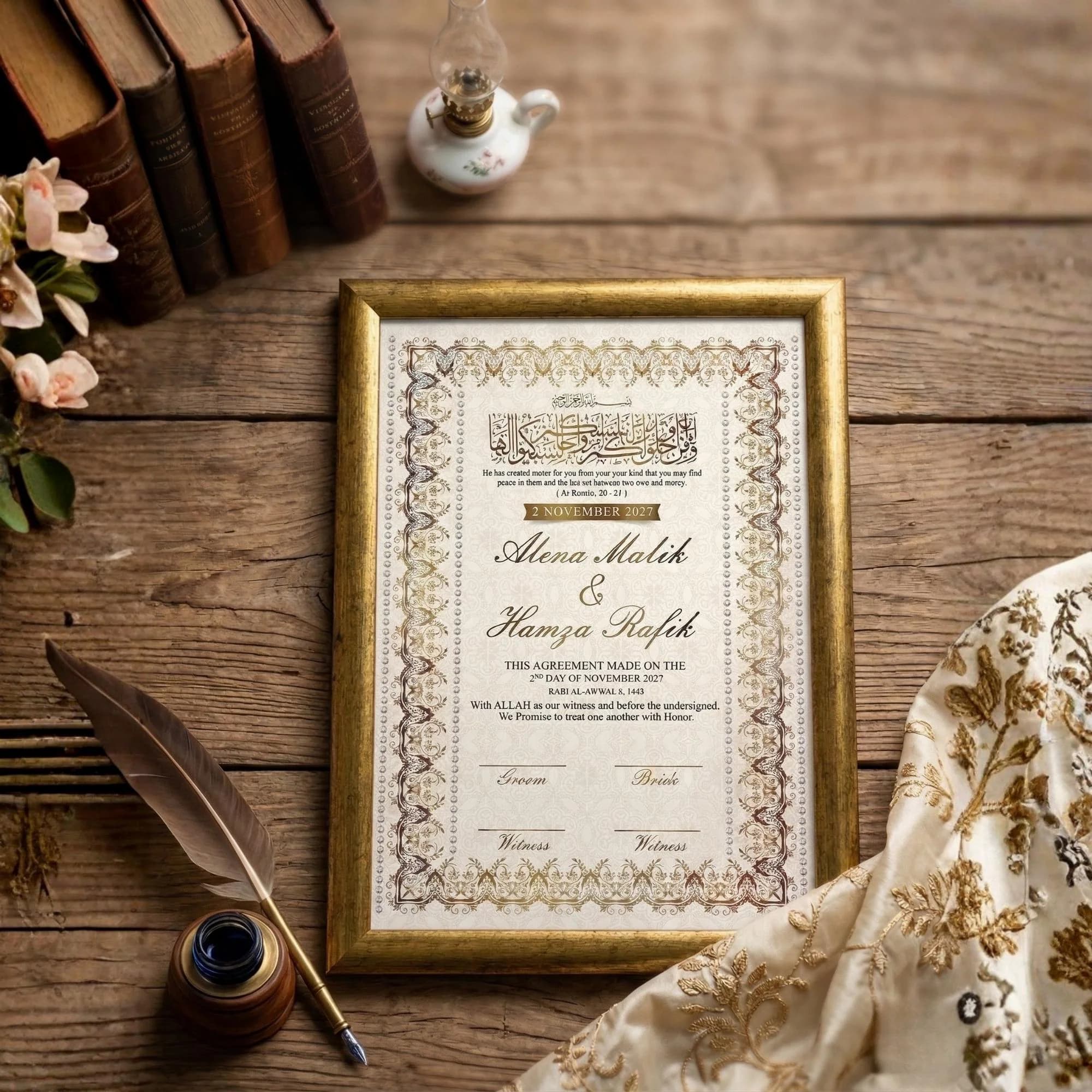 Personalized Nikkah Certificate Set with Frame & Diamond Pen | Islamic Wedding Contract | Muslim Marriage Certificate | Elegant Wedding Gift