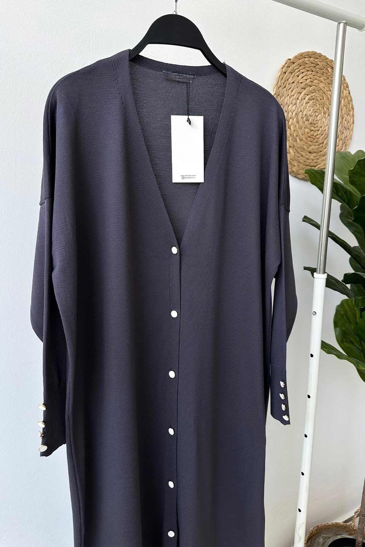 Smoked Gray Maxi Length Buttoned Mercerized Cardigan for Women, Elegant Knitwear with Sleeve Details, Casual and Formal Style,(KH-1804) - image 3