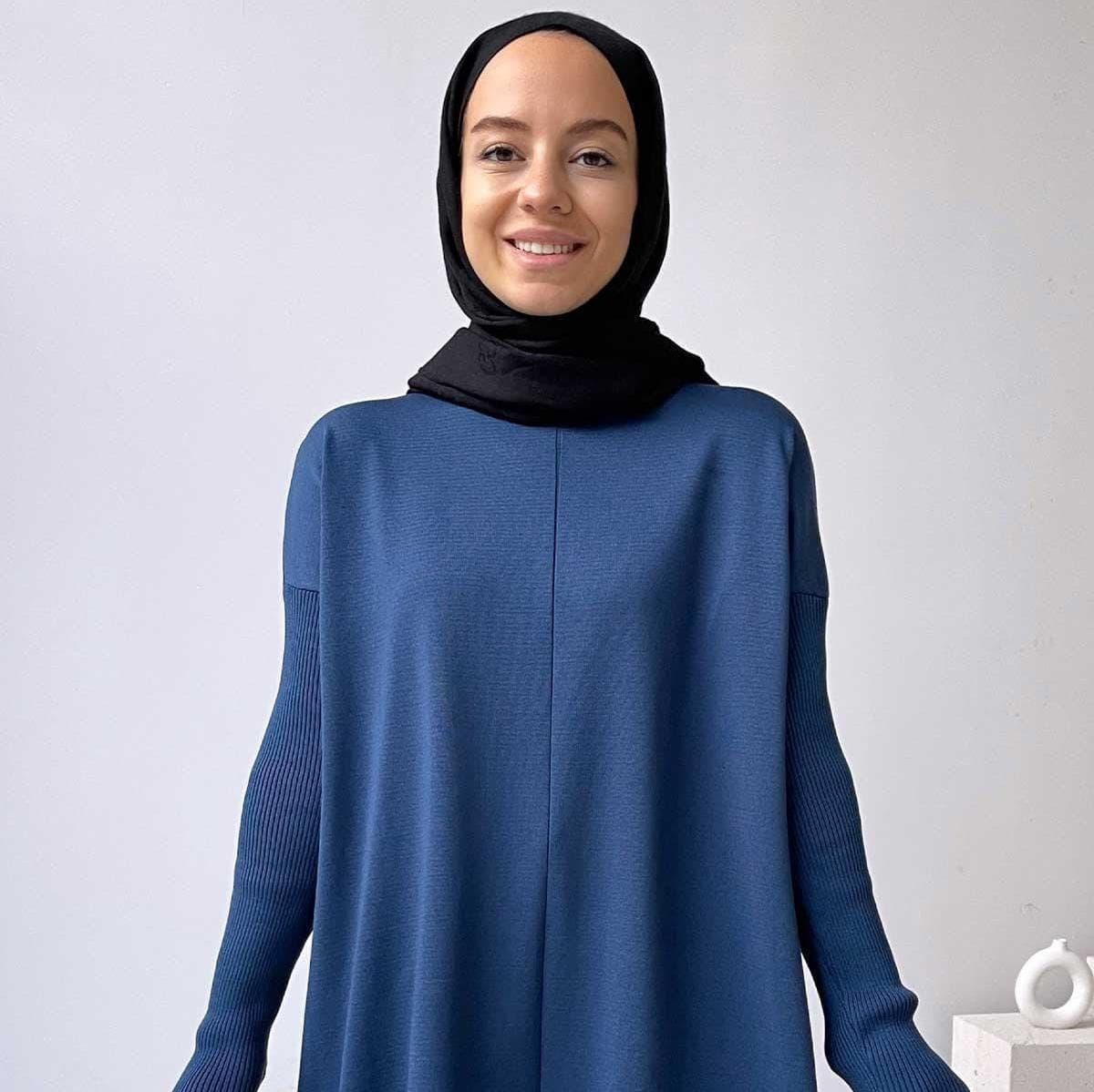 Mercerized Petrol Blue Tunic - Modest Clothing with Ribbed Details, Elegant and Versatile for Casual or Special Occasions,(KH-1747)