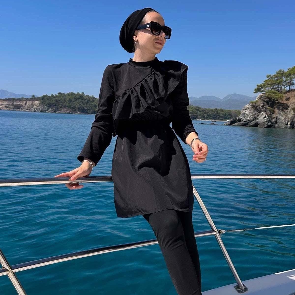 Ruffle Detail Modest Swimsuit | Elegant Black Hijab Swimwear | Full-Coverage Swimsuit for Muslim Women | Modest Beach Outfit,(KH-1204)