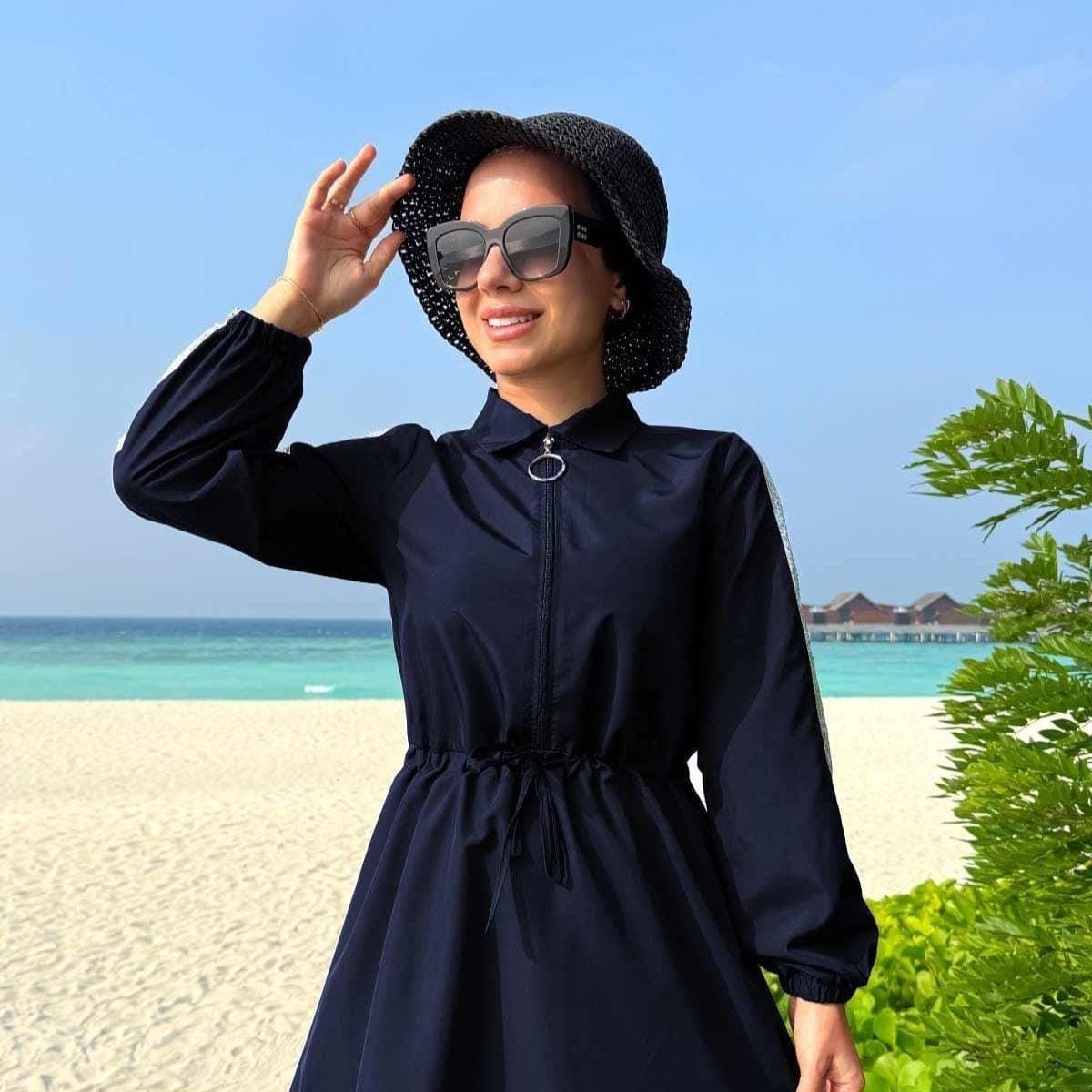 Sequin Detail Navy Blue Modest Swimsuit Set | 2-Piece Quick Dry Full Coverage Hijab Swimwear for Muslim Women | Summer Burkini,(KH-2073) - image 3