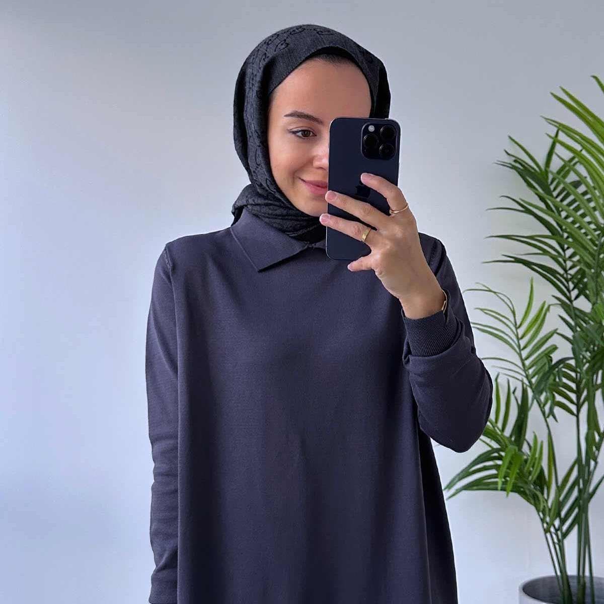 Elegant Shirt Collar Mercerized Dress for Modest Fashion - Smoky Gray Long-Sleeve Dress for Everyday & Special Occasions,(KH-2011)
