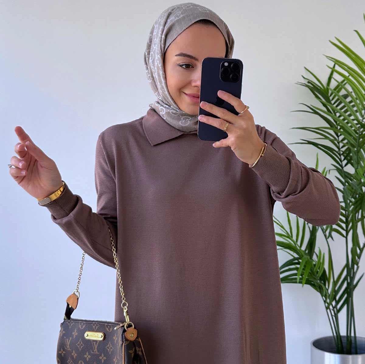 Mink Shirt Collar Mercerized Dress for Modest Fashion – Elegant Long Sleeve Tunic Dress, Perfect for Every Occasion,(KH-2011) - image 5