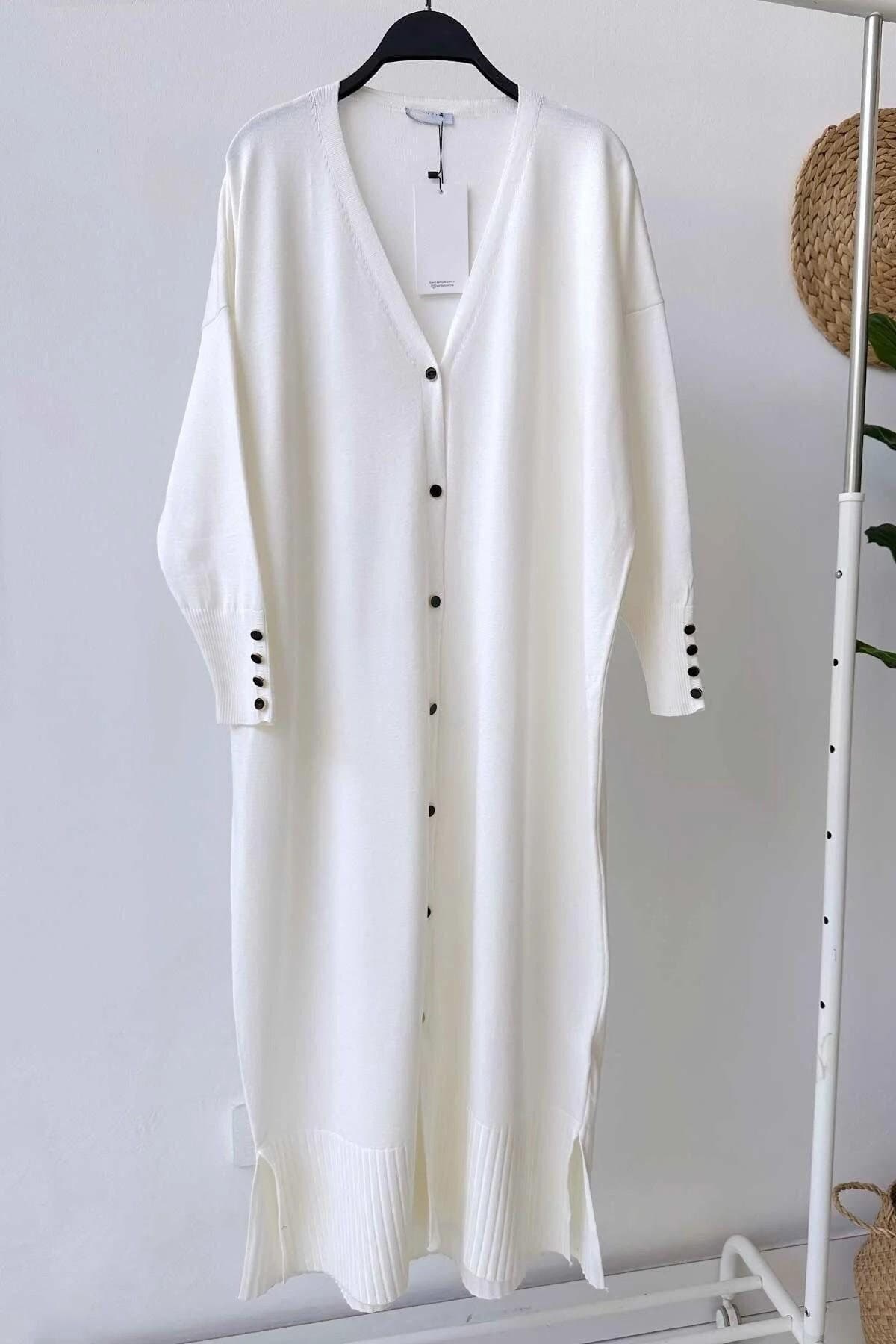 Elegant White Maxi Length Buttoned Mercerized Cardigan - Lightweight Knitwear for Women - Perfect for Casual & Formal Outfits,(KH-1804)