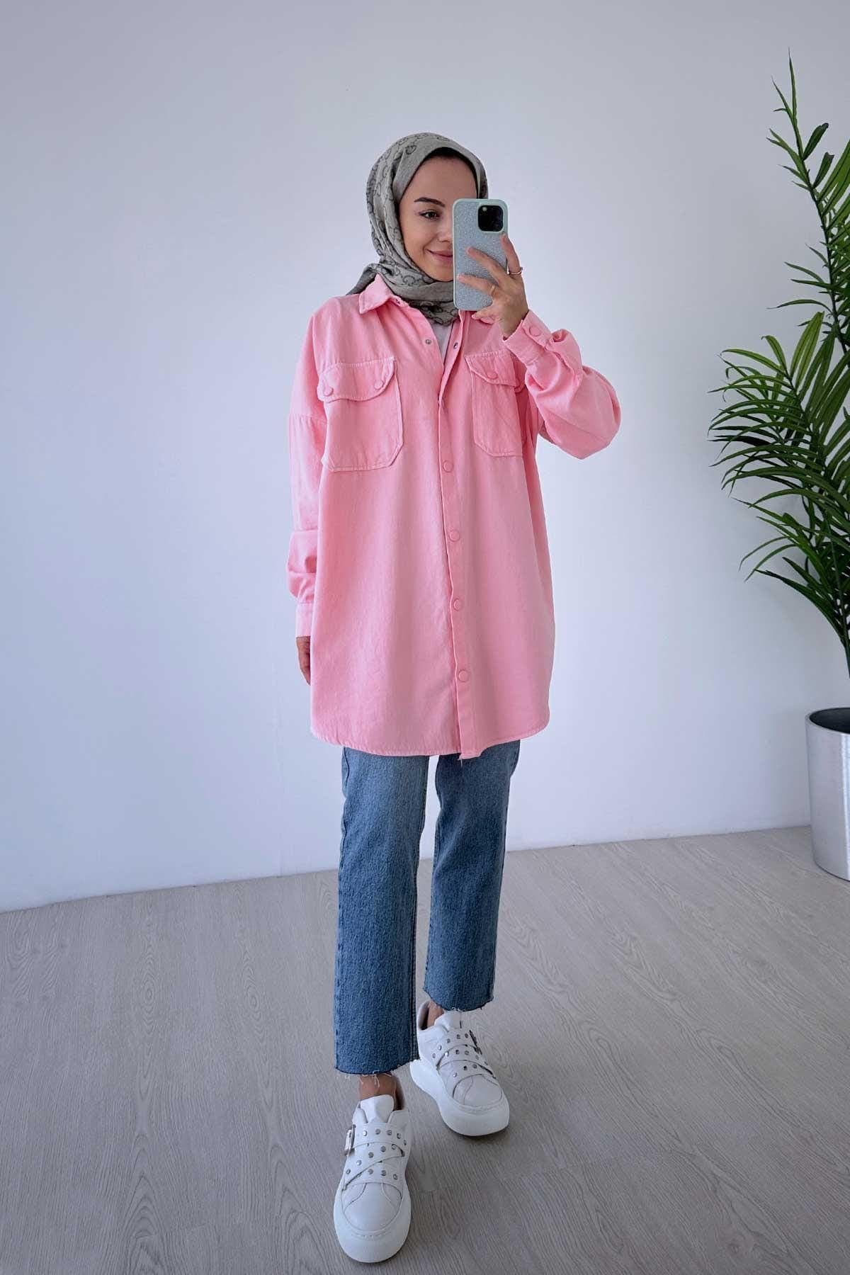 Soft Pink Oversized Shirt for Women, Gabardine Fabric, Modest Wear, Long Sleeve Button-Up, Casual Style, Size 36-44,(KH-1463) - image 3