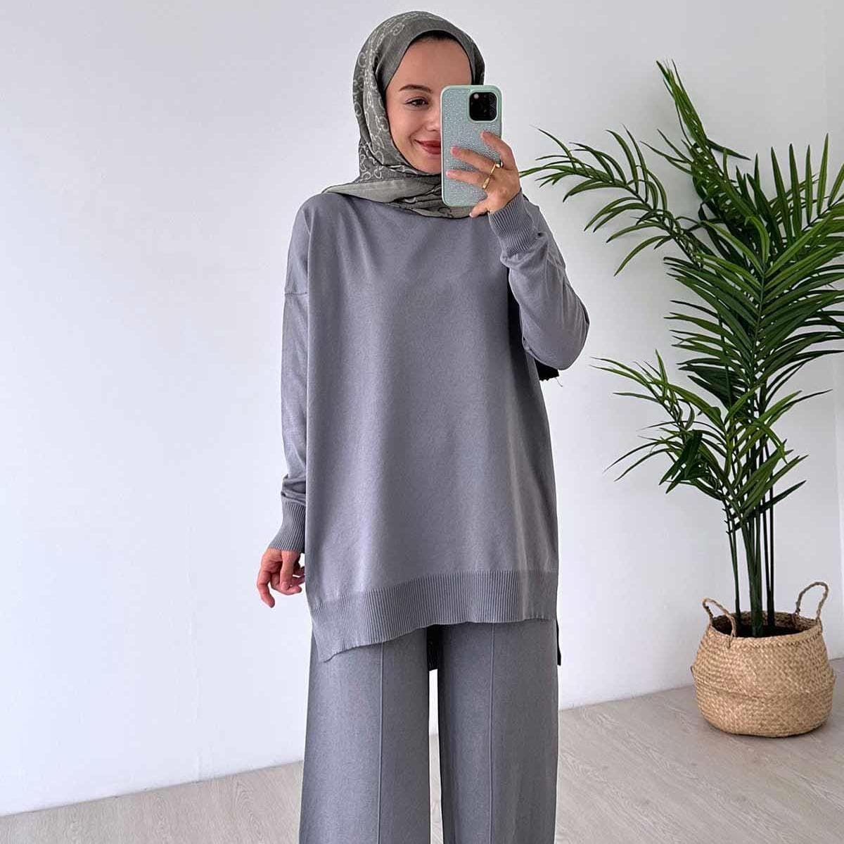 Elegant Gray Sparkling Mercerized Two-Piece Set – Oversized Top and Wide Pants, Perfect Women’s Outfit for Casual or Formal Wear,(KH-1241) - image 4