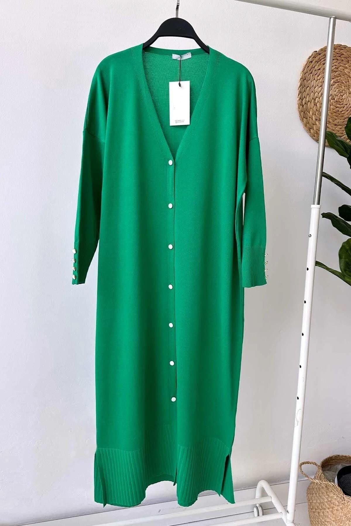 Elegant Green Maxi Length Buttoned Mercerized Cardigan - Lightweight Knitwear, Long Sleeve, Versatile Women's Fashion,(KH-1804)