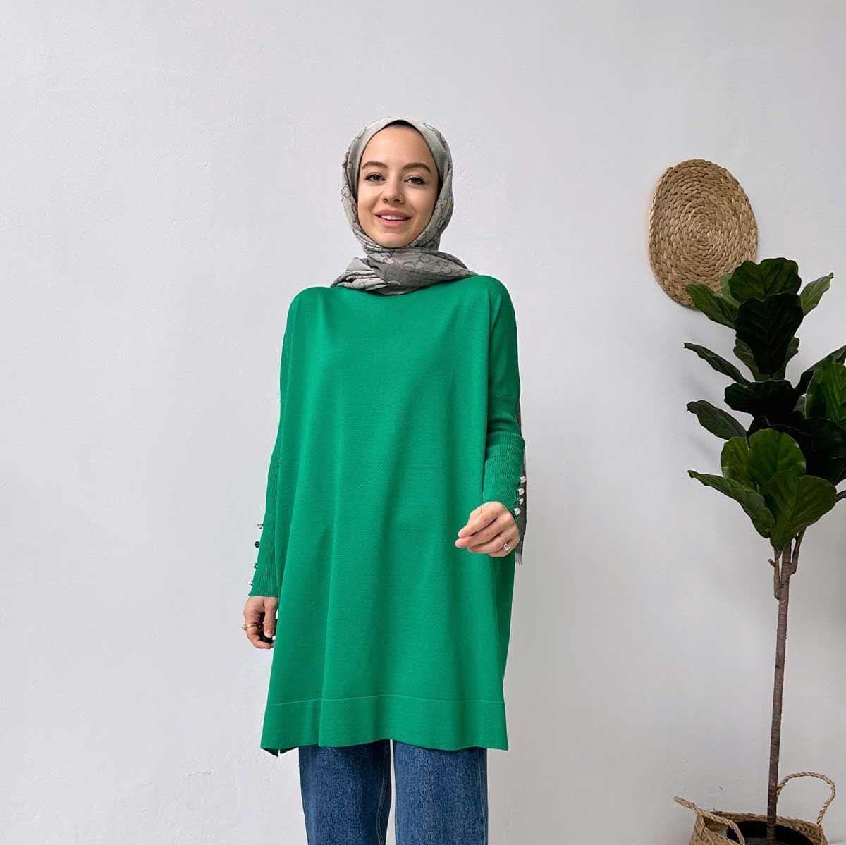 Classic Green Sleeve Detail Tunic | Mercerized Fabric | Perfect for Modest Fashion & Everyday Casual Style,(KH-1795) - image 4