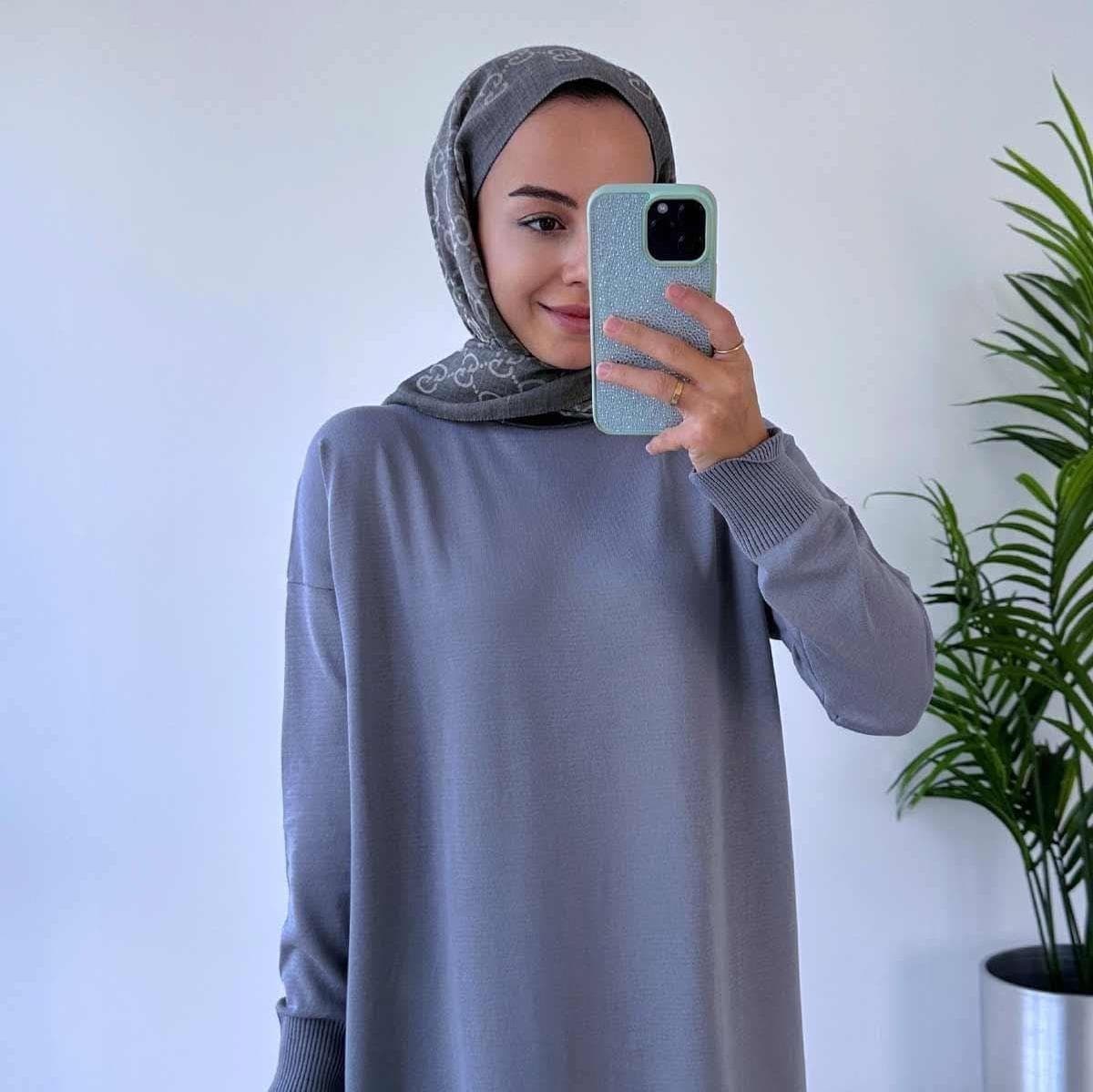 Gray Mercerized Knitwear Dress for Women - Modest Long-Sleeve Lightweight Ribbed Design - Perfect for Casual and Formal Occasions,(KH-1718)