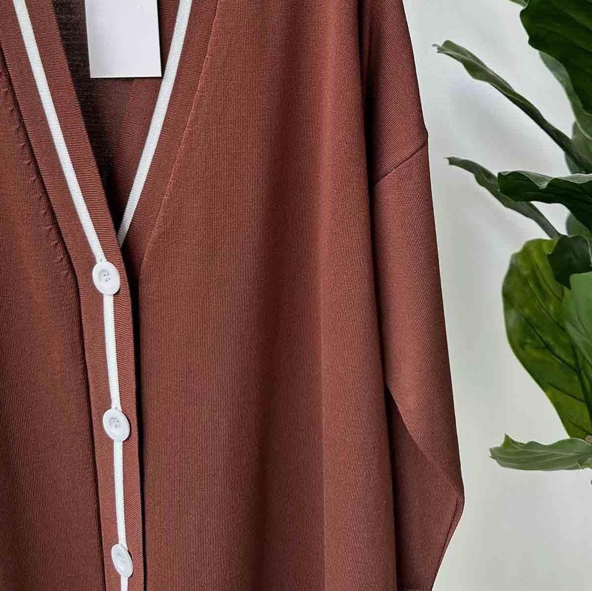 Elegant Brown Mercerized Cardigan with Line Details and Buttons, Lightweight Knitwear for Women - Modest Casual Style,(KH-1824) - image 3