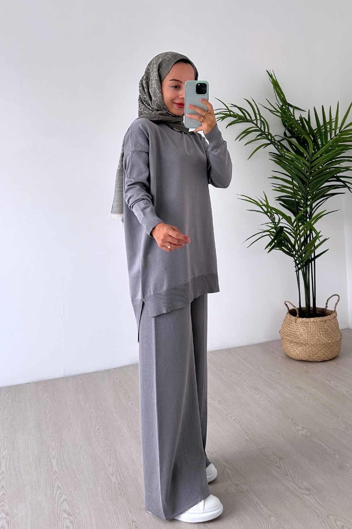 Elegant Gray Sparkling Mercerized Two-Piece Set – Oversized Top and Wide Pants, Perfect Women’s Outfit for Casual or Formal Wear,(KH-1241) - image 5