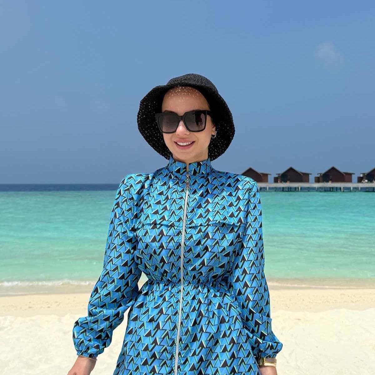 Valen 2-Piece Modest Swimwear Set – Blue Pattern, Full Coverage, Quick Dry, Hijab Friendly, Elegant Islamic Swimsuit,(KH-2078)