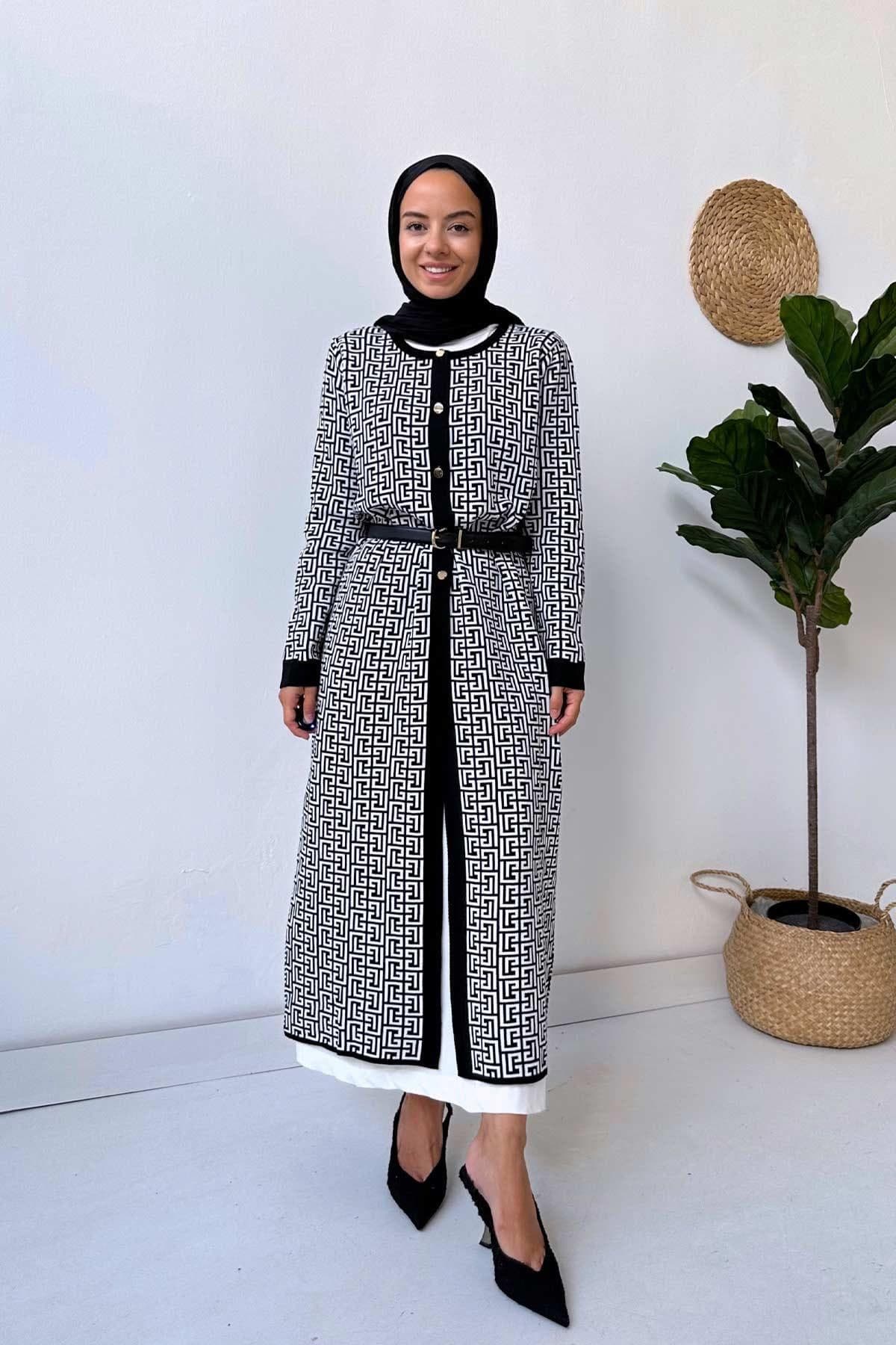 Elegant Black and White Patterned Cardigan, Longline Knitwear, Button-Up Women's Modest Fashion Outerwear for Stylish Looks,(KH-1864) - image 4