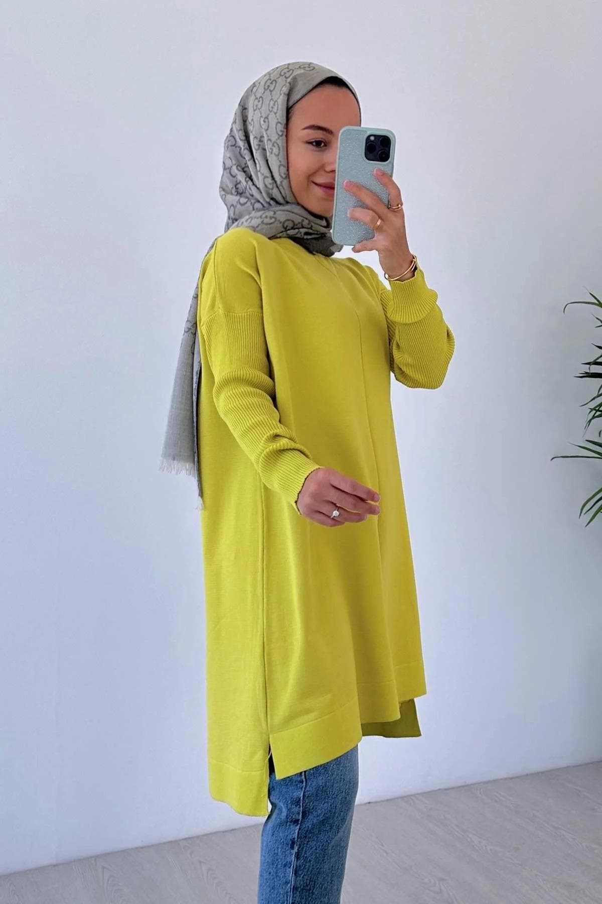 Elegant Oil Green Mercerized Tunic | Lightweight Modest Fashion | Asymmetrical Hem | Comfortable Knitwear for Every Occasion,(KH-1747) - image 3