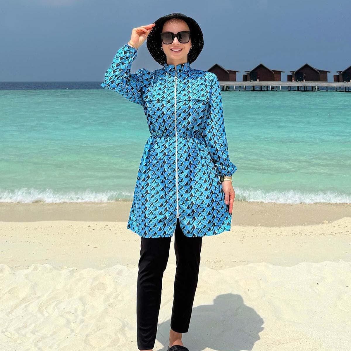 Valen 2-Piece Modest Swimwear Set – Blue Pattern, Full Coverage, Quick Dry, Hijab Friendly, Elegant Islamic Swimsuit,(KH-2078) - image 3