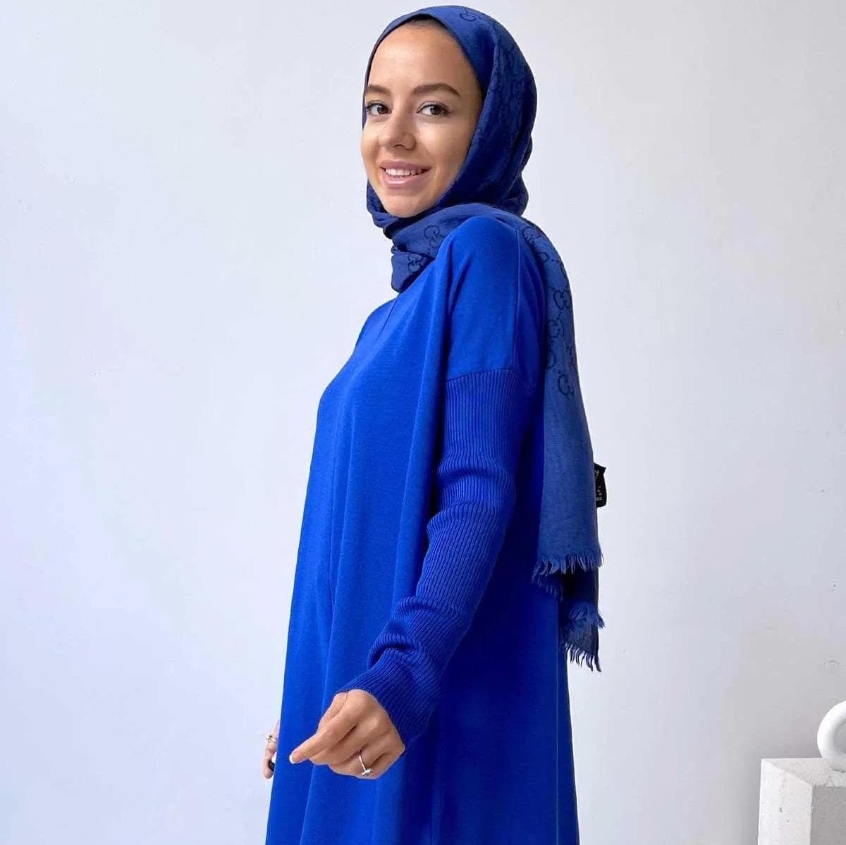 Sax Blue Mercerized Tunic for Women - Trendy Modest Wear with a Relaxed Fit, Side Slits, and Premium Fabric Quality,(KH-1747)