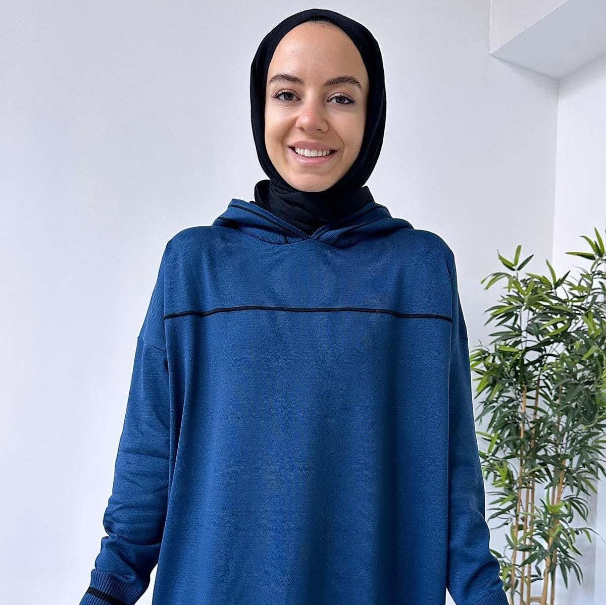 Petrol Blue Hooded Mercerized Dress - Long Modest Fashion for Women, Comfortable and Elegant Casual Wear, Hijab Friendly,(KH-1914)