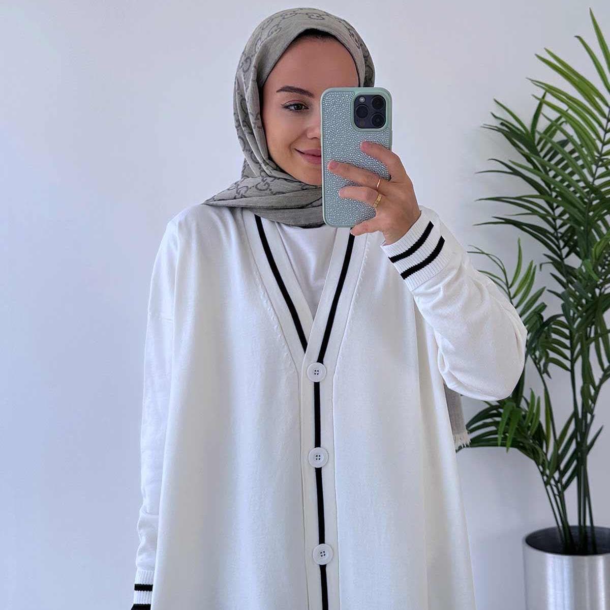 Stylish Line Detail Button Mercerized Cardigan -Elegant White Knitwear for Women, Perfect Layering Piece for Casual & Formal Looks,(KH-1824) - image 4
