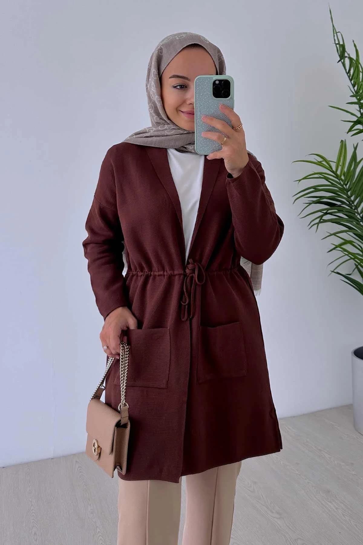 Brown Waist-Tied Mercerized Cardigan with Double Pockets - Modest and Stylish Women's Long Knitwear for Fall and Winter,(KH-1867)