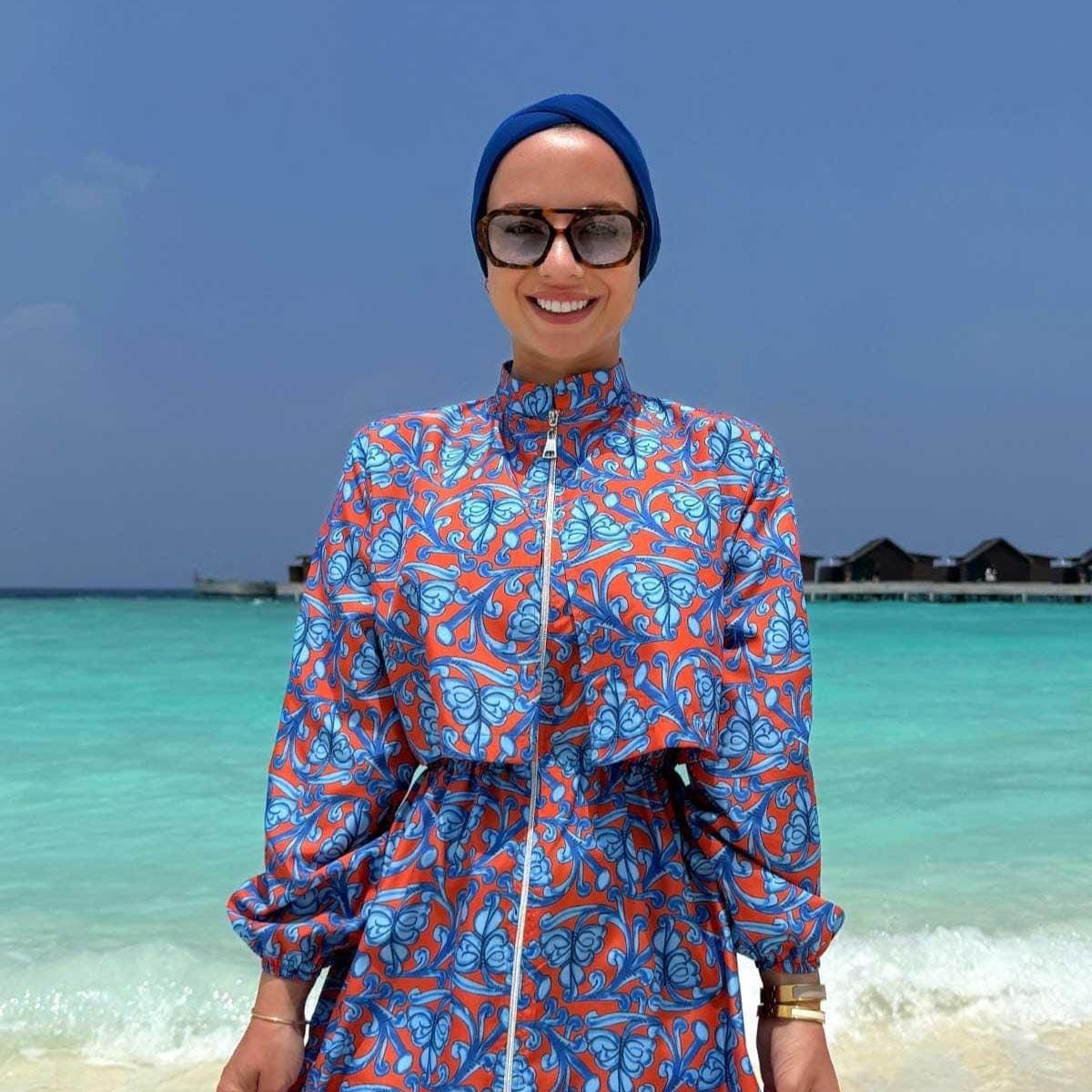 Modest Swimsuit for Women in Saxe Blue – Fast-Drying, Lightweight, Full Coverage Islamic Swimwear with Printed Zip-Up Tunic,(KH-2066)